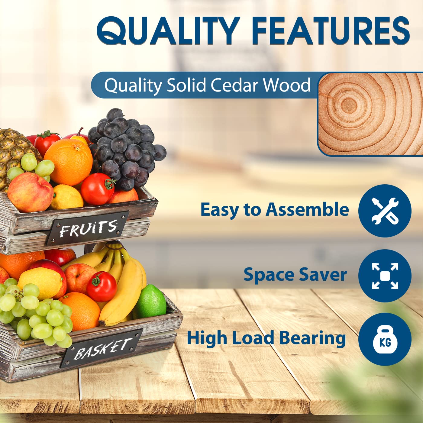 Jackcube Design 2 Tier Fruit Basket Holder, Rustic Wood Fruit Bowl Stand Kitchen Counter Storage With Chalkboard For Bread, Snac