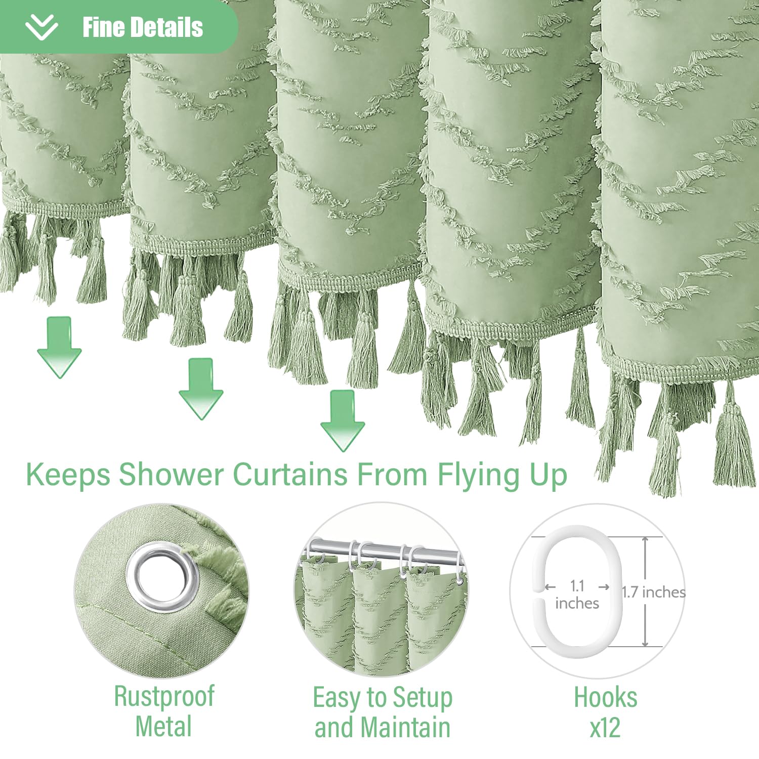 Dynamene Boho Farmhouse Shower Curtain, Sage Green Fabric Tufted Chevron Striped Textured Tassel Shower Curtains For Bathroom, W