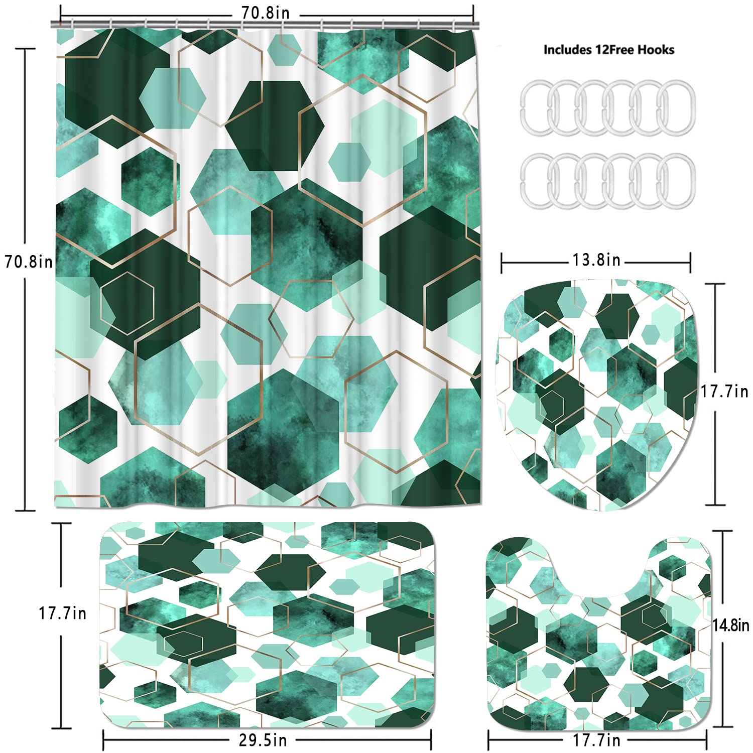 Lqcool 4Pcs Indigo Shower Curtain Set Marble Grain Geometric Bathroom Set Fresh Turquoise Abstract Bathroom Curtain Set With 12