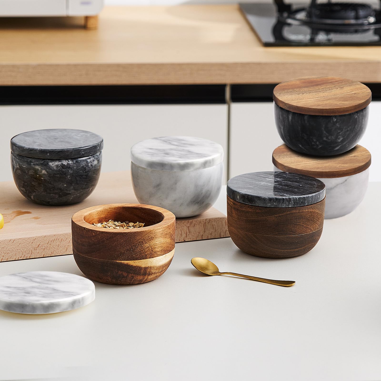 Jalz Jalz Salt Box Salt Cellar With Spoon Black Marble Base Natural Acacia Top Decorative Boxes Spice Seasonings Keeper Salt Con