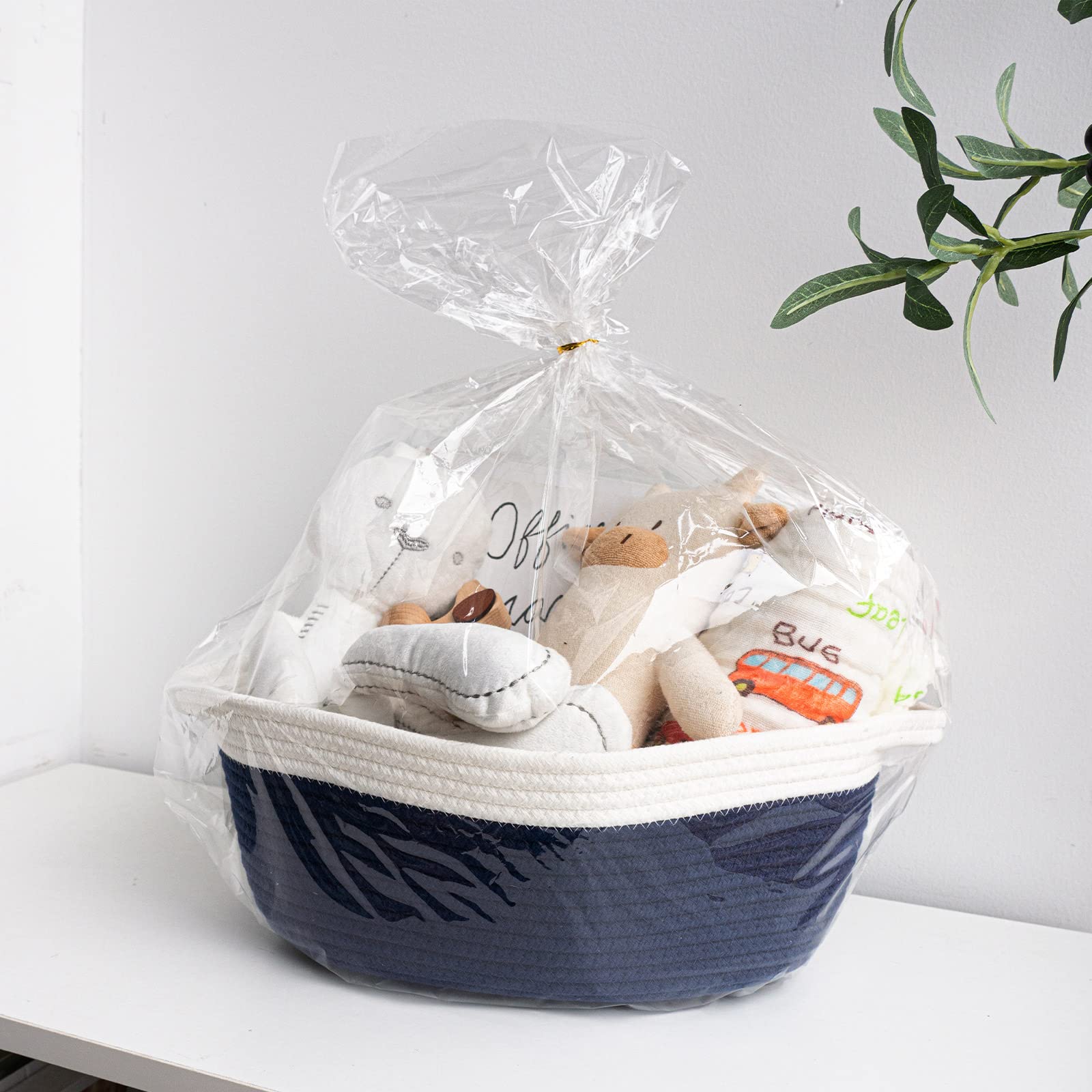 Goodpick Small Woven Basket Cute Navy Blue Rope Basket Cotton Basket Woven Storage Basket Cat Toy Basket Nursery Basket With Han