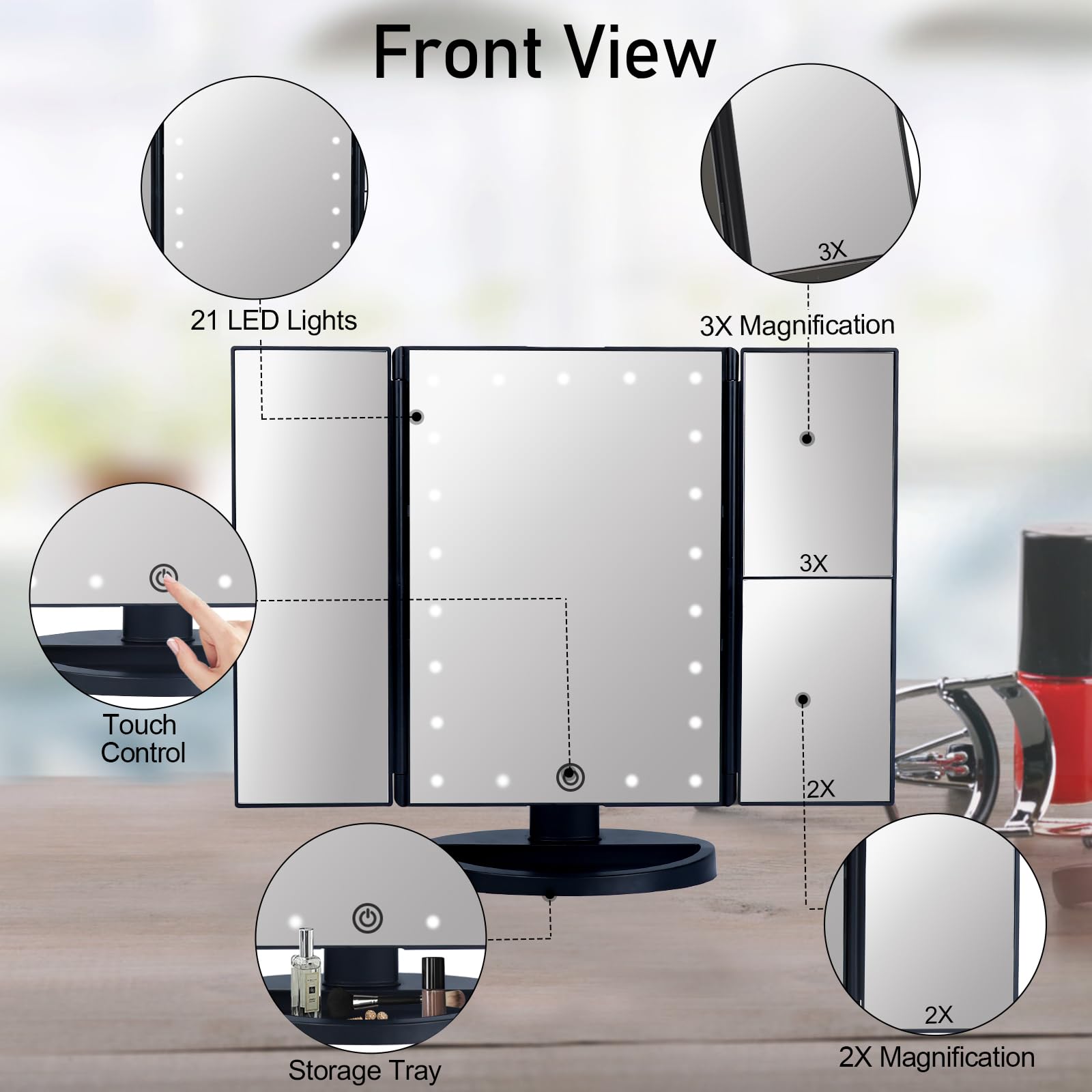 Tru2U Vanity Makeup Mirror With Lights And Magnification, 3 Way Mirror, Trifold Portable Mirror, 1X 2X 3X Magnification, Two Pow