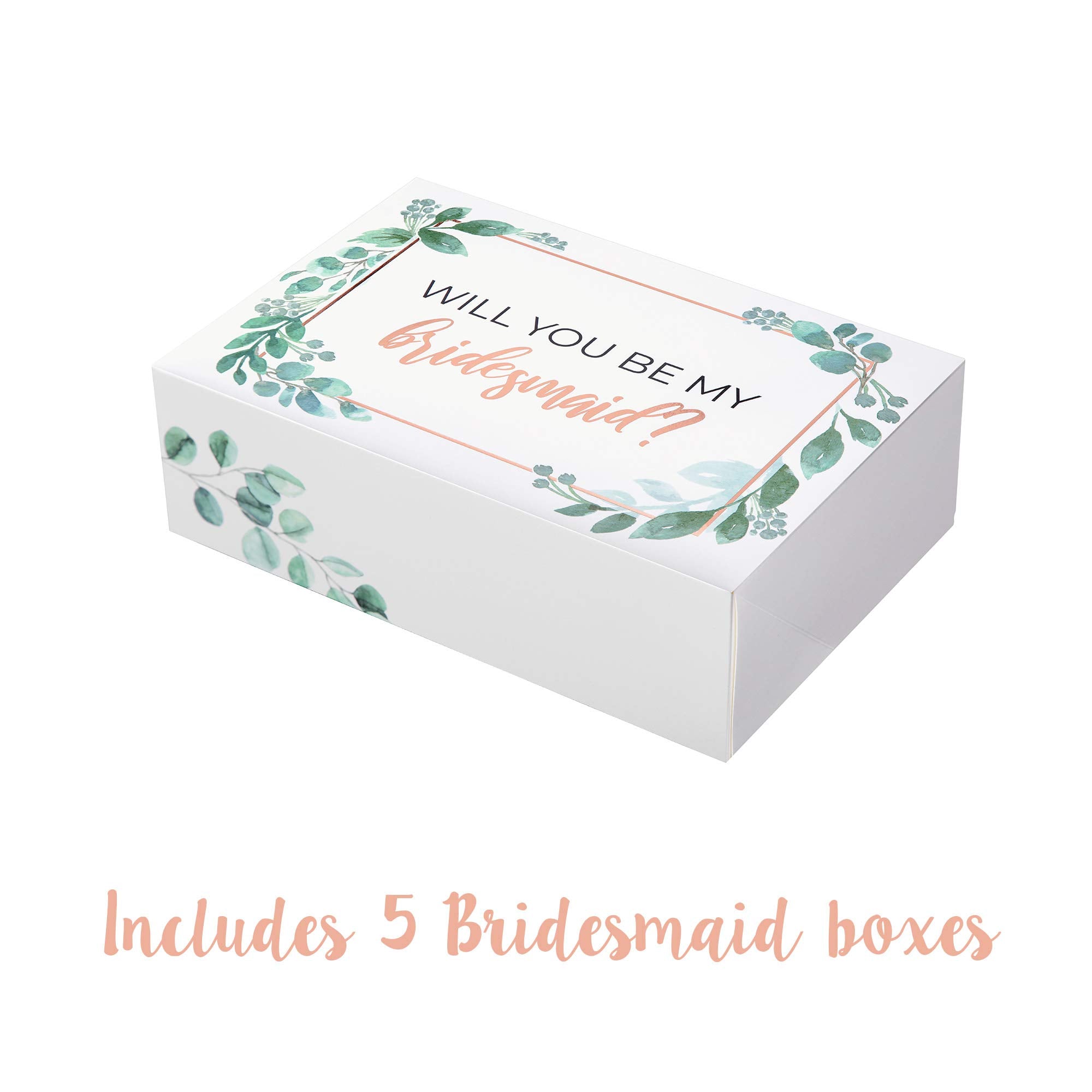 Pop Fizz Designs Bridesmaid Proposal Box Set I 6 Pack I 1 Maid of Honor Proposal Box and 5 Will You be My Bridesmaid Boxes I Greenery with Rose Gold Foil Bridesmaid Box for Bridesmaid Gifts