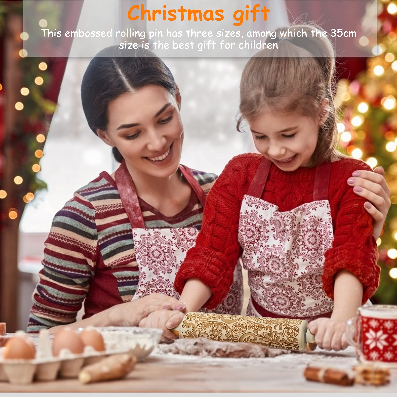 RDGDFONG Embossed Wooden Rolling Pin - Snowflake 14.9'' x 1.96'', Beech Wood, Ideal for Baking Cookies, Pizza, Fondant, Christmas Gifts