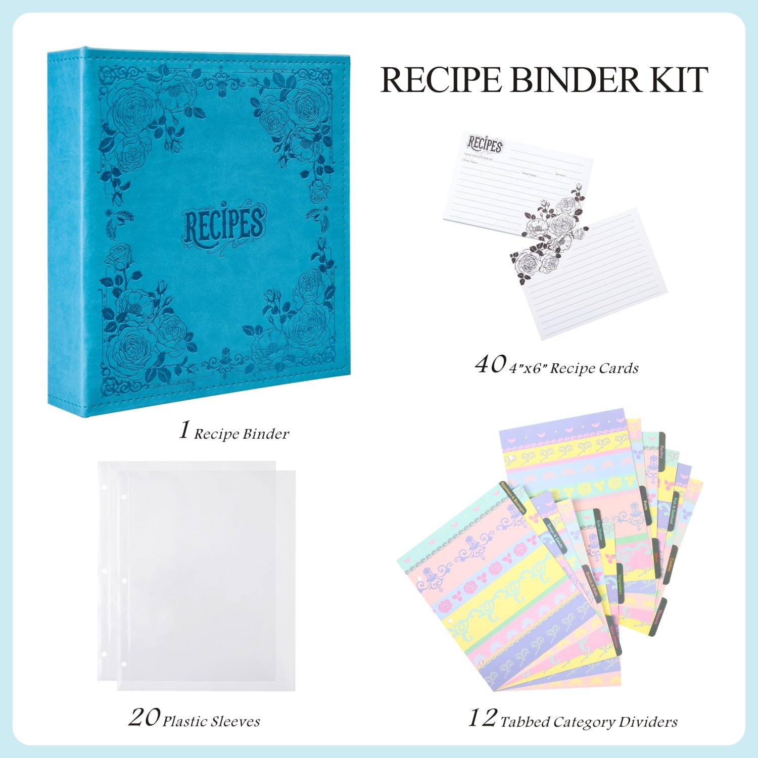 Cofice Recipe Binder - 8.5X9.5 Recipe Ring Binder With Pu Faux Leather Cover, 4X6 Cards And Tabbed Dividers, Blue
