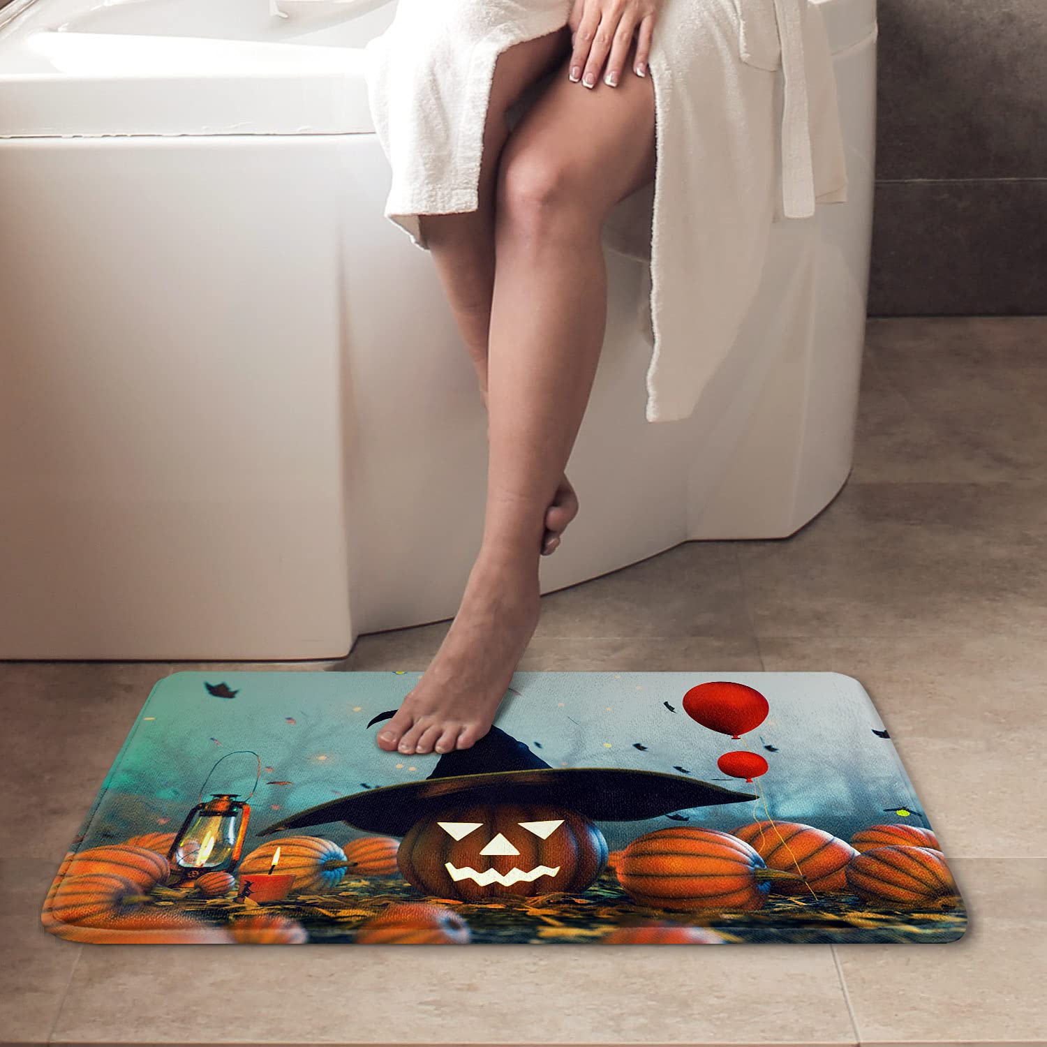 Britimes Bath Mat for Bathroom, No Slip, Halloween Green and Blue Washable Cover Floor Rug Carpets Floor Mat Bathroom Decoration