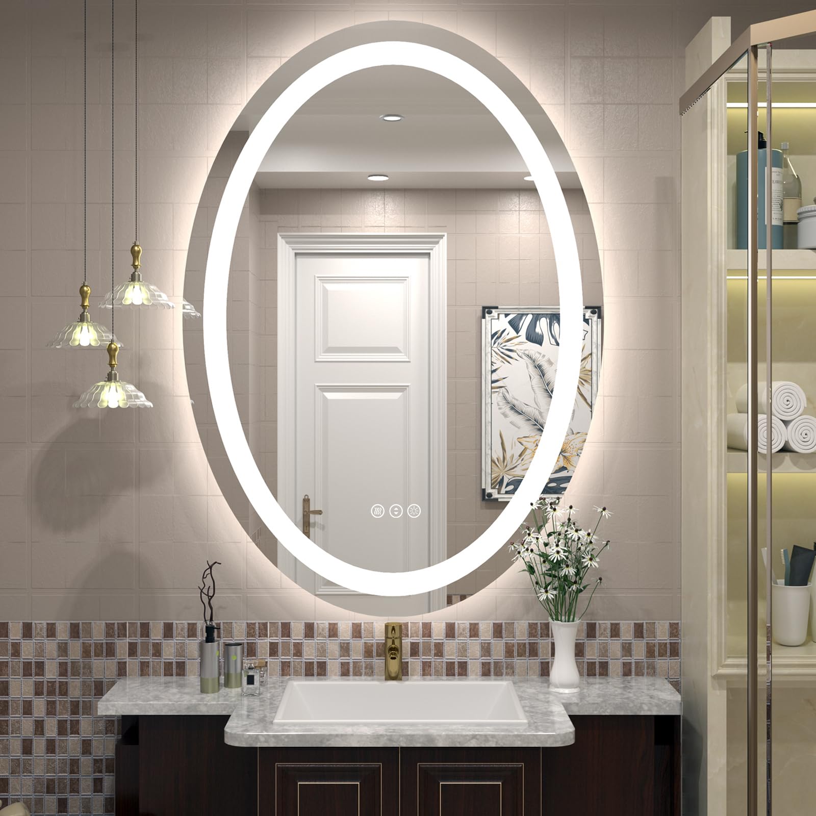 Smiror 40 X 24 Oval Led Bathroom Mirror, Lighted Vanity Mirror For Wall, Anti-Fog, Shatter-Proof, Dimmable, Memory, 3 Colors (Fr