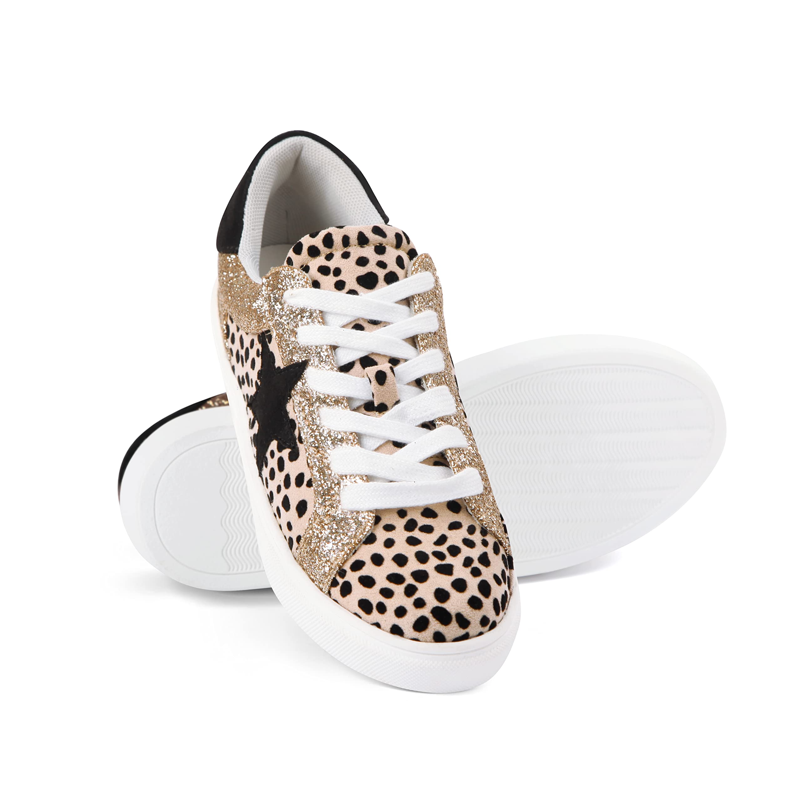 Party Womens Fashion Star Sneaker Lace Up Low Top Comfortable Cushioned Walking Shoes, Myles-Cheetah Glitter-8