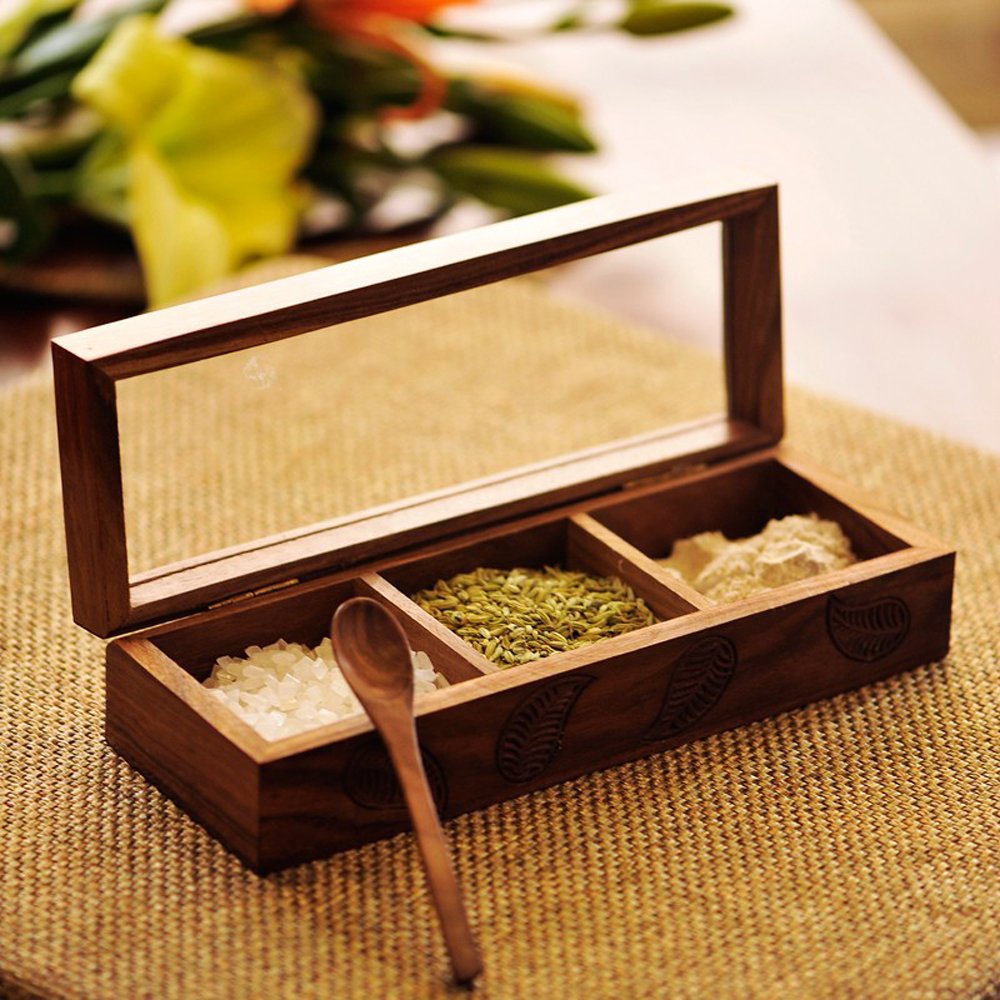 ExclusiveLane Wooden Spice Box | Hand Engraved Sheesham Wood Masala Dabba | Namak Daani with 3 Partitions & Spoon | Size - 9x3x2