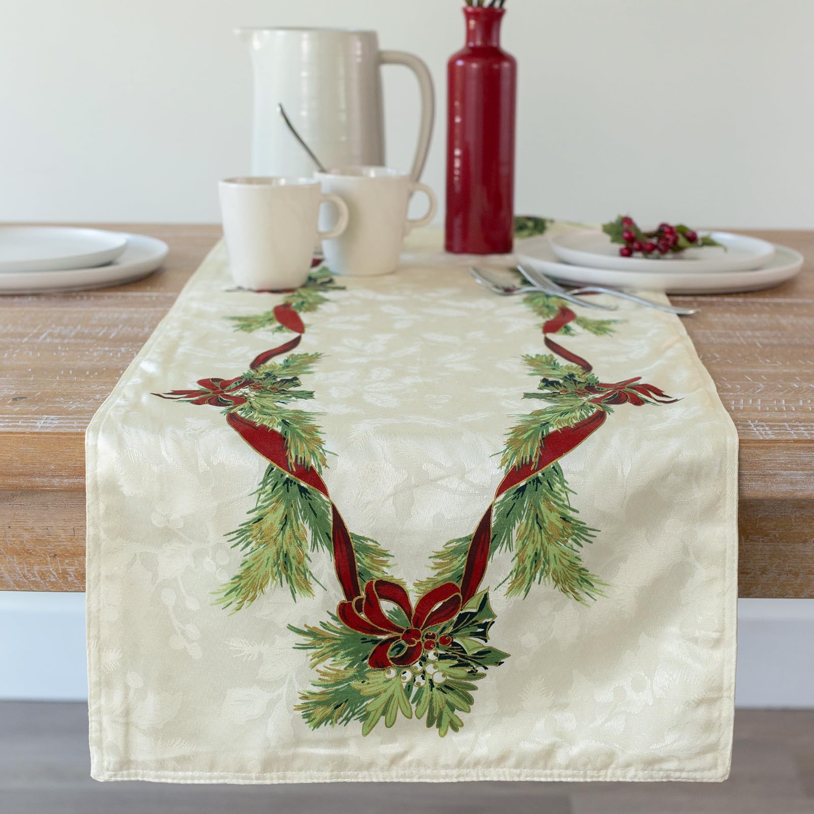 Benson Mills Christmas Ribbons Engineered Printed Fabric Table Runner, Winter, Holiday And Christmas Tablecloth (16'' X 90'' Tab