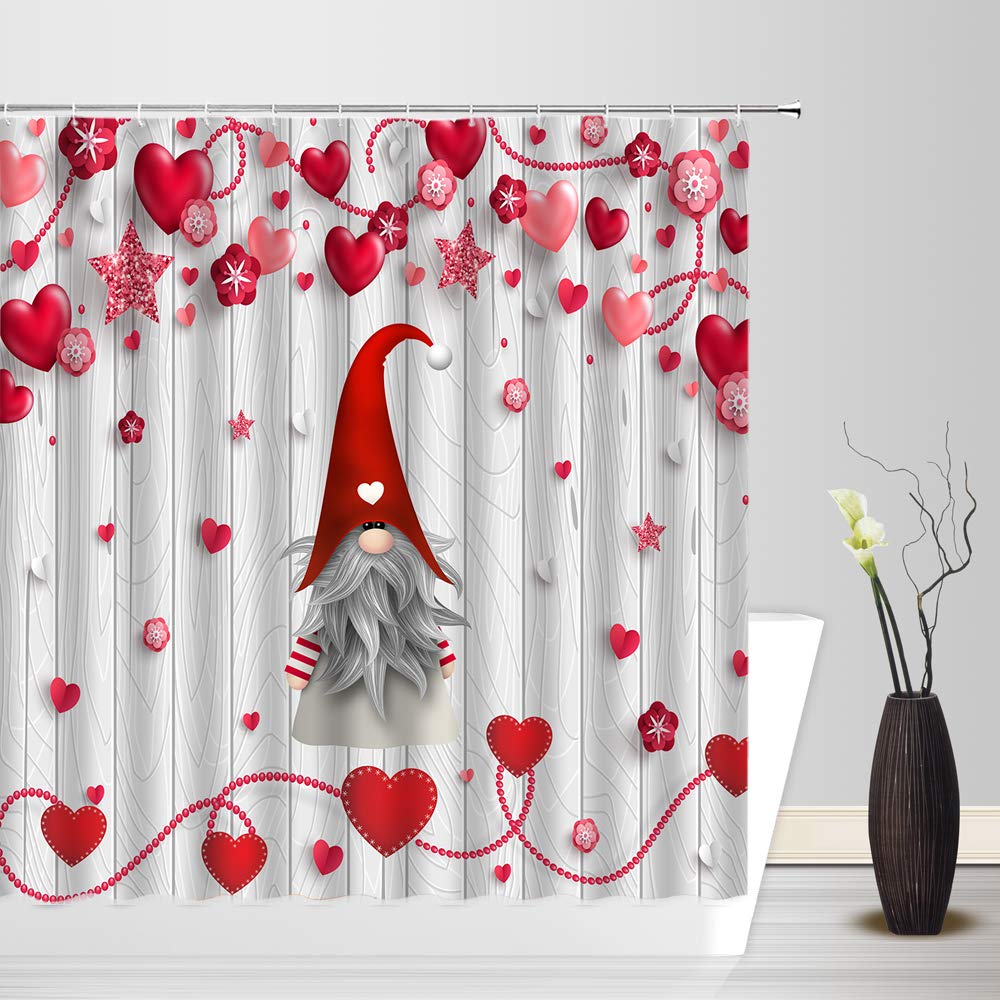 Amhnf Valentine'S Day Shower Curtain Red Pink Heart Cute Gnome Star Gray Vintage Barn Door Wooden Creative Lovely Love Sign For