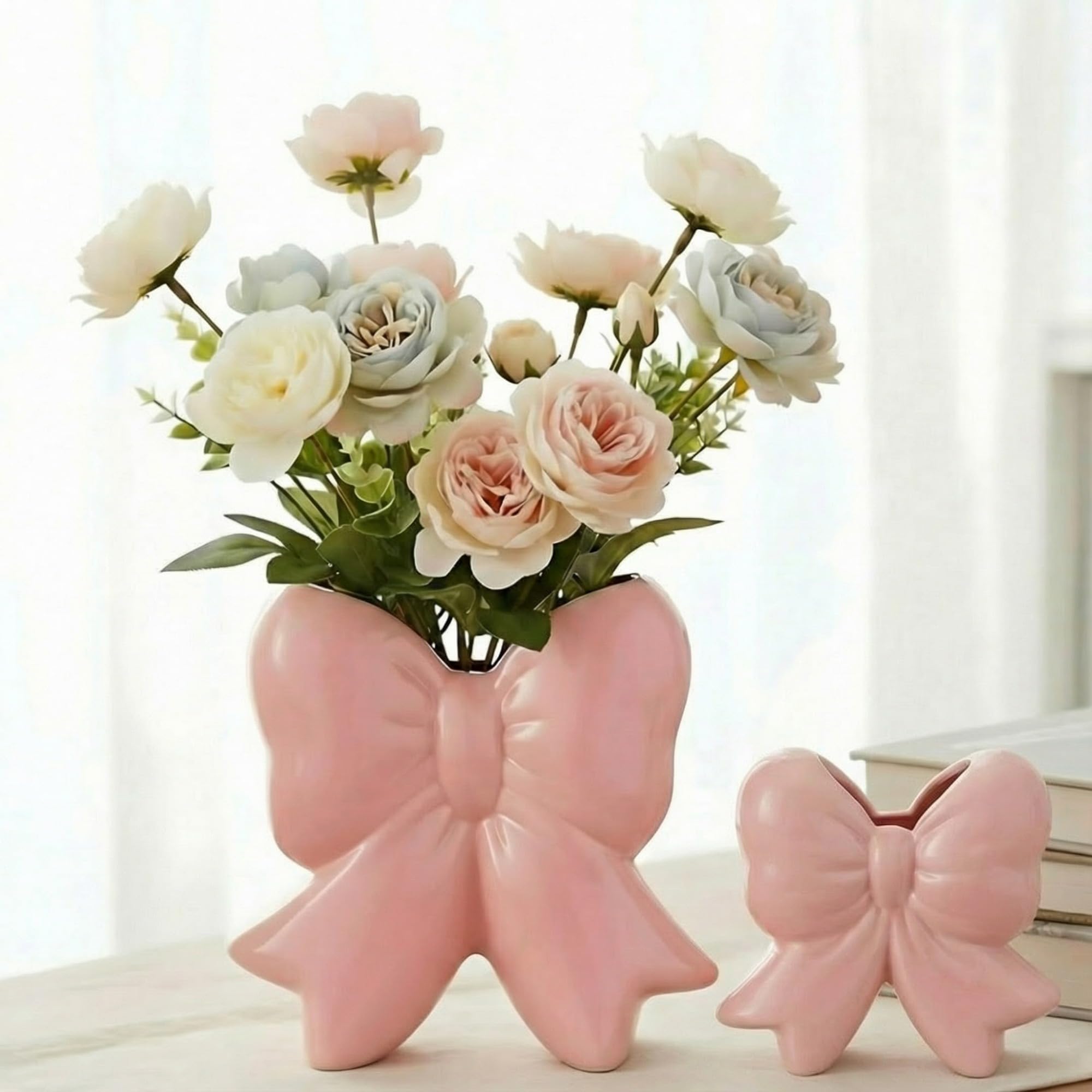 Jingmore Pink Bow Vase Coquette Ceramic Vase Pen Holder 7.09 x 7.09 x 3.35 in Big Makeup Brush Holder Contemporary Design Decora