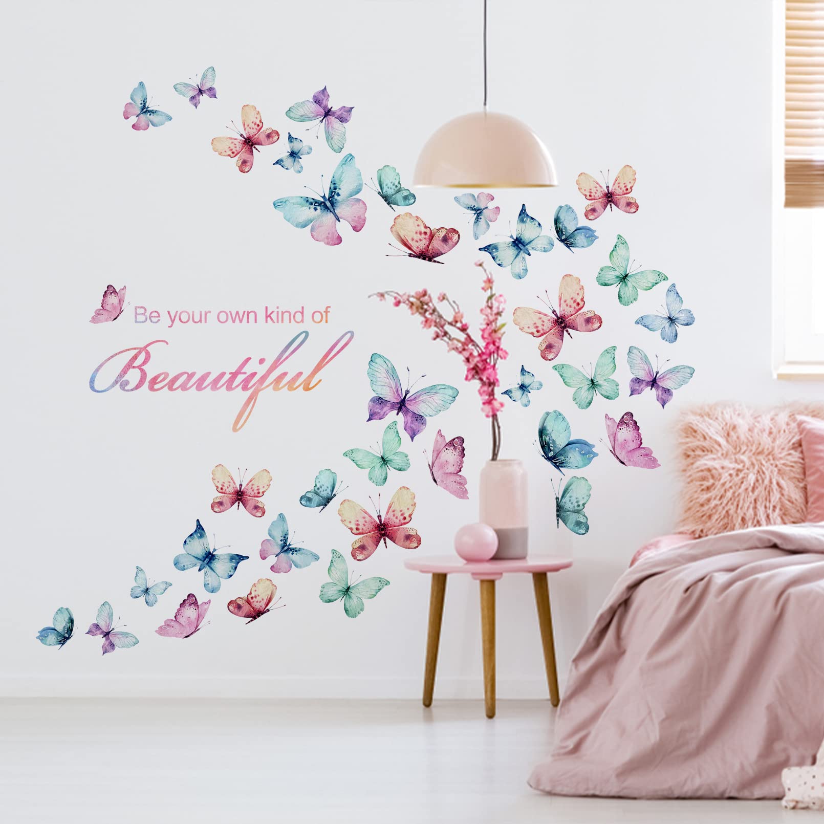 Mfault Girls Butterfly Be Your Own Kind Of Beautiful Inspirational Quote Wall Decal Sticker, Watercolor Positive Saying Decorati