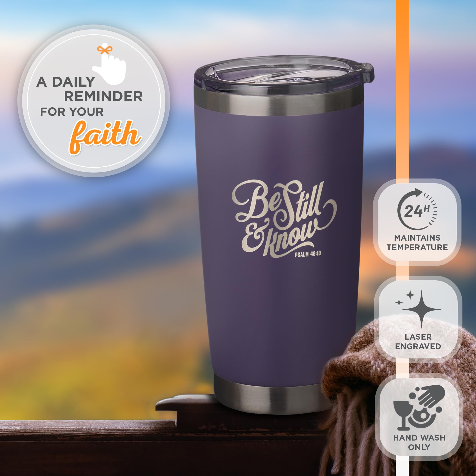 Christian Art Gifts Stainless Steel Double-Wall Vacuum Insulated Tumbler Travel Mug For Women: Be Still & Know - Psalm 46:10 Bib