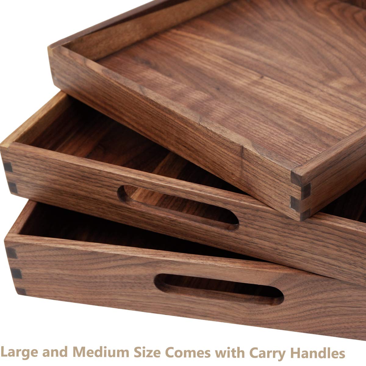 Magigo Set Of 3 Large Solid Black Walnut Wood Ottoman Tray With Handles, Serve Tea, Coffee Or Breakfast In Bed, Classic Wooden D