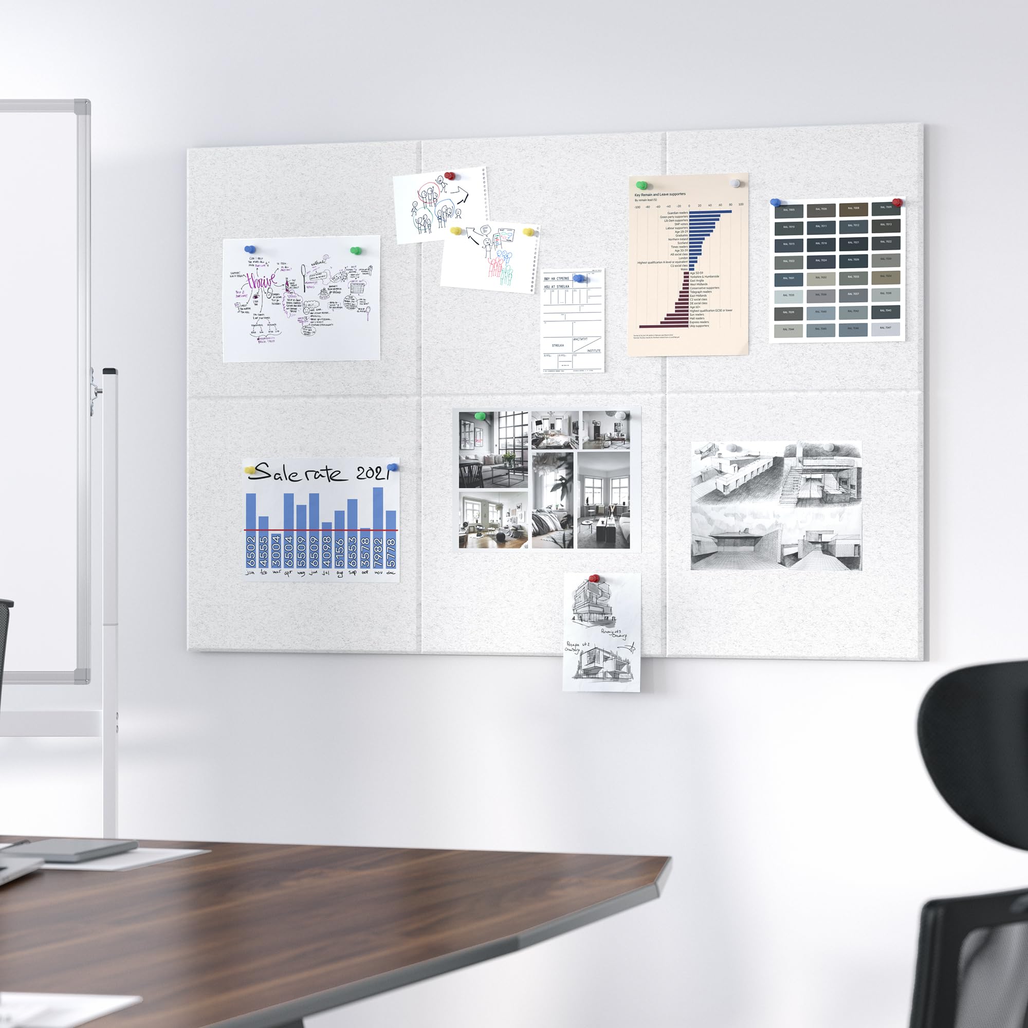 Neatsure Large Cork Board for Wall, 36 x 24 Bulletin Board with Pushpins, 6 Panels Felt Tiles Tack Push Pin Board for Office, Si