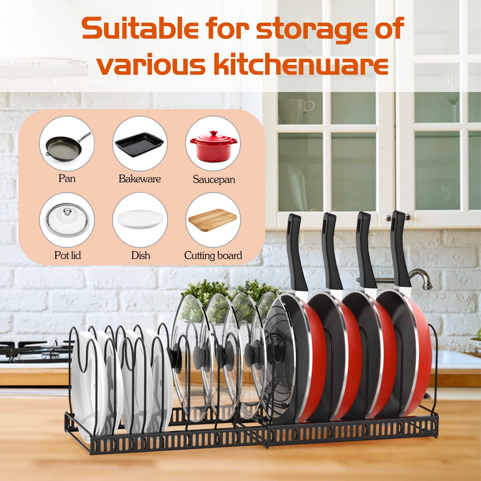 Housolution Expandable Pot and Pan Organizer Rack, 14 Adjustable Dividers, 22.83" W x 7.09" D x 7.09" H, Black, Model