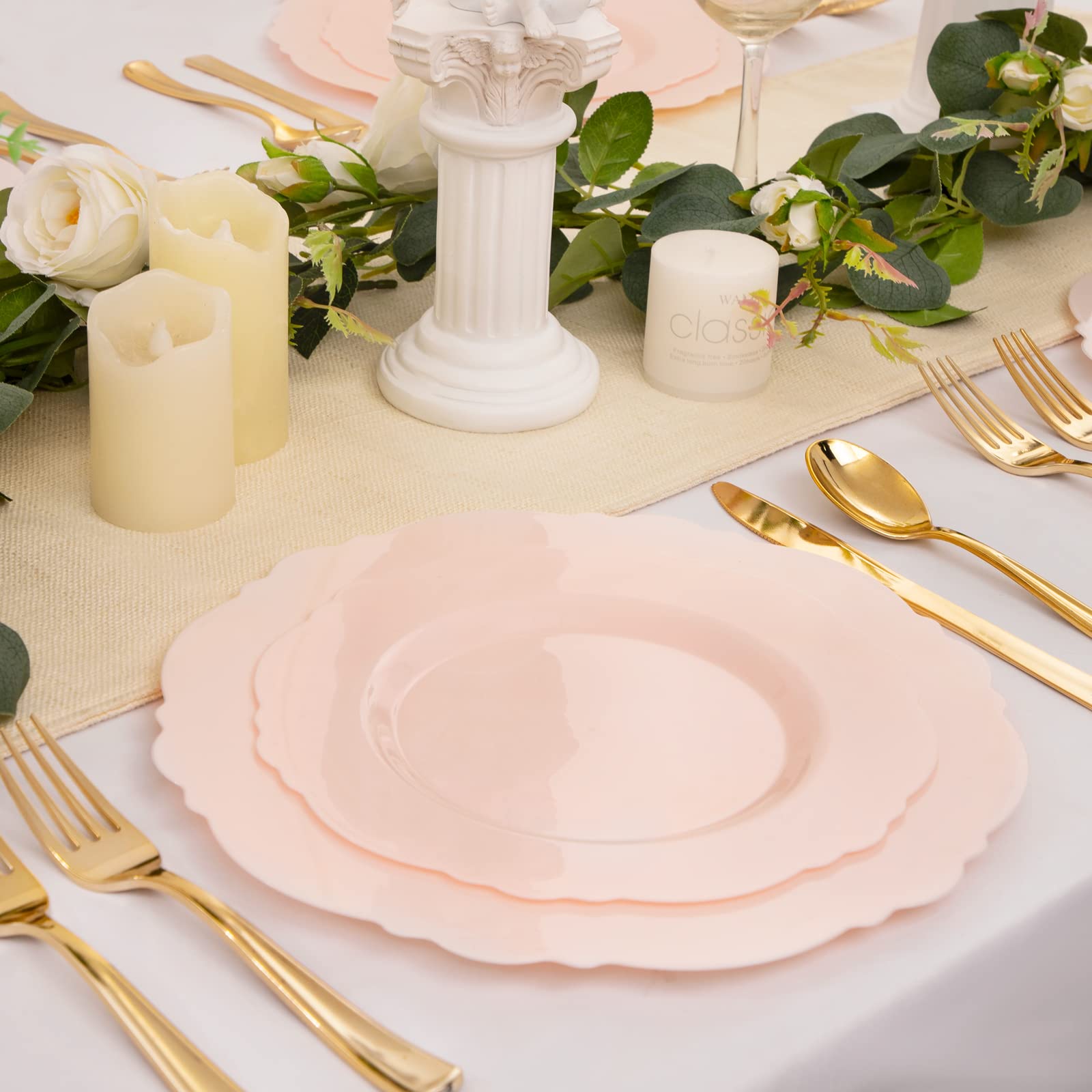 WDF 60pcs Pink Plastic Plates - Baroque Pink Disposable Plates Including 30 Pink Dinner Plates 10.25inch  30 Pink Dessert Plates 7.5inch for Upscale Wedding &Parties