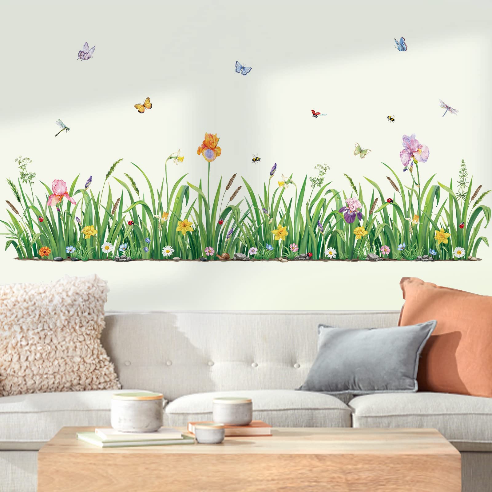decalmile Green Grass Flower Wall Corner Decals Floral Butterfly Baseboard Skirting Line Wall Stickers Bedroom Living Room Wall Art Decor (Width:162CM)