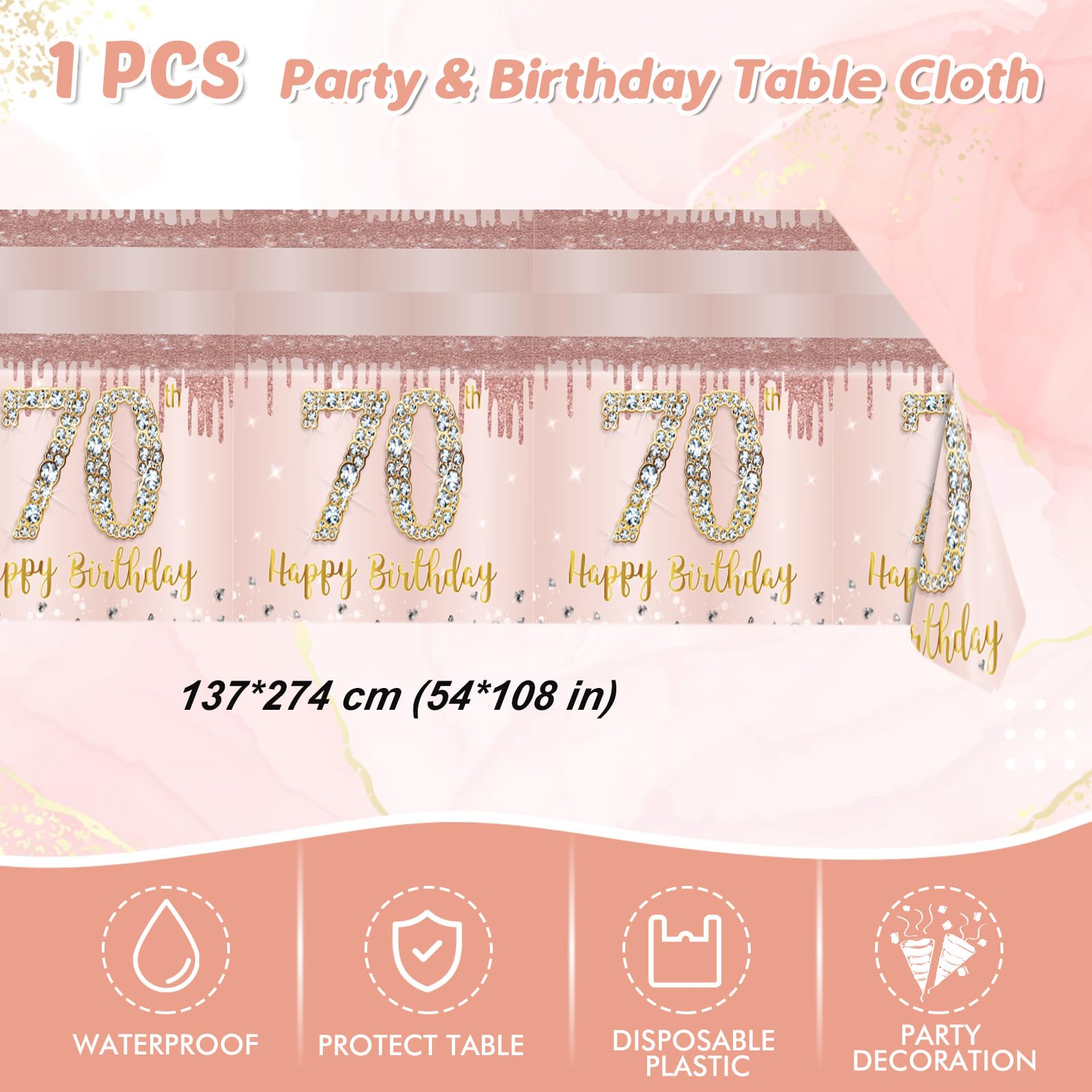 41Pcs 70Th Birthday Decorations, Rose Gold Birthday Party Supplies Include 20Pcs Plates 20Pcs Napkins And 1Piece Tablecloth, Swe