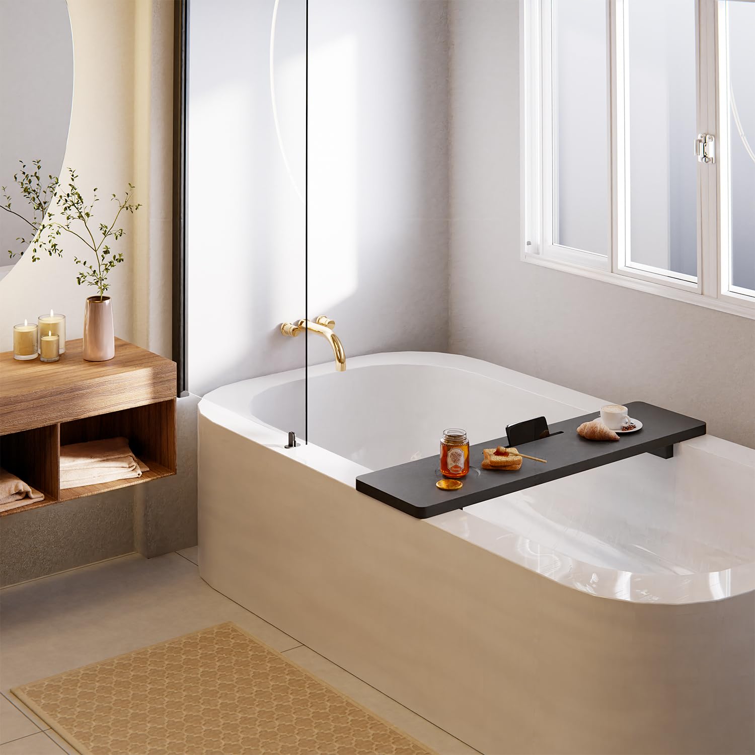 Tinamo Black Bathtub Caddy Tray Table | 35X9 Inch Large Bath Tub Tray Wooden | Anti-Tipping, Sustainable Tub Tray For Bathtub |