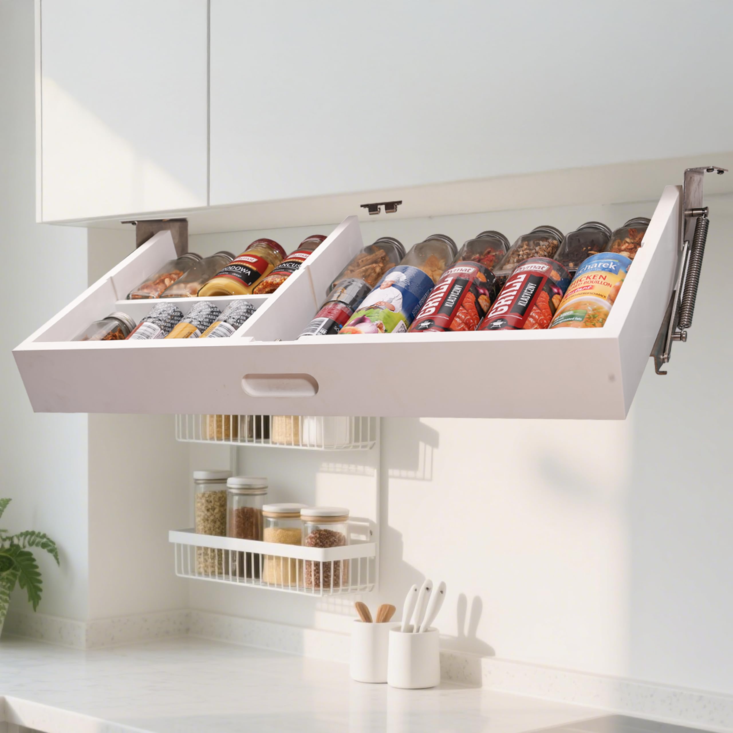 HQULIFBL Pull Down Under Cabinet Spice Rack, Kitchen Storage Organizer, Counter Space Shelf