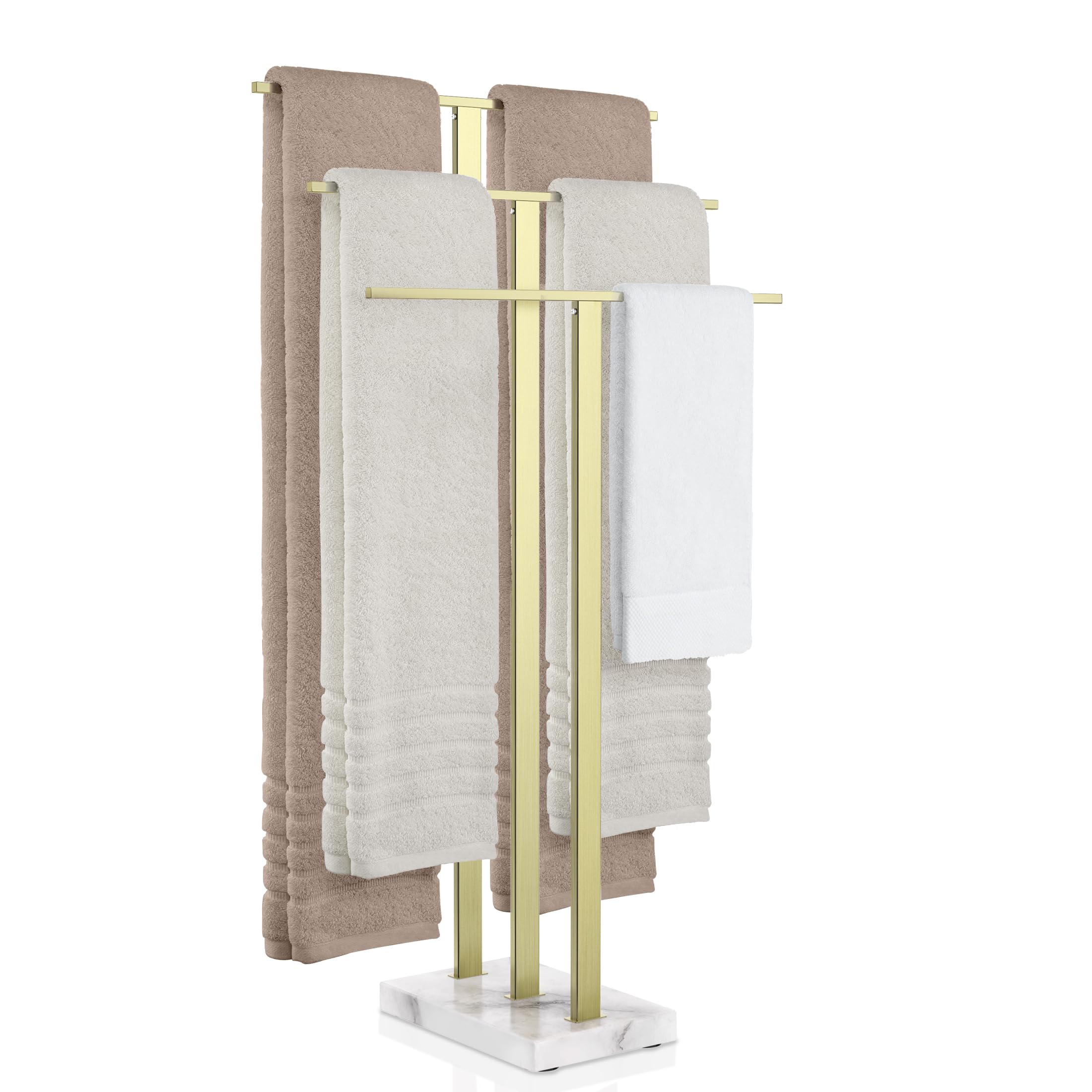 Kes Standing Towel Rack 3-Tier With Marble Base, Brushed Gold Towel Rack Stand For Bathroom Floor, Fits Large Bath Towel & Hand