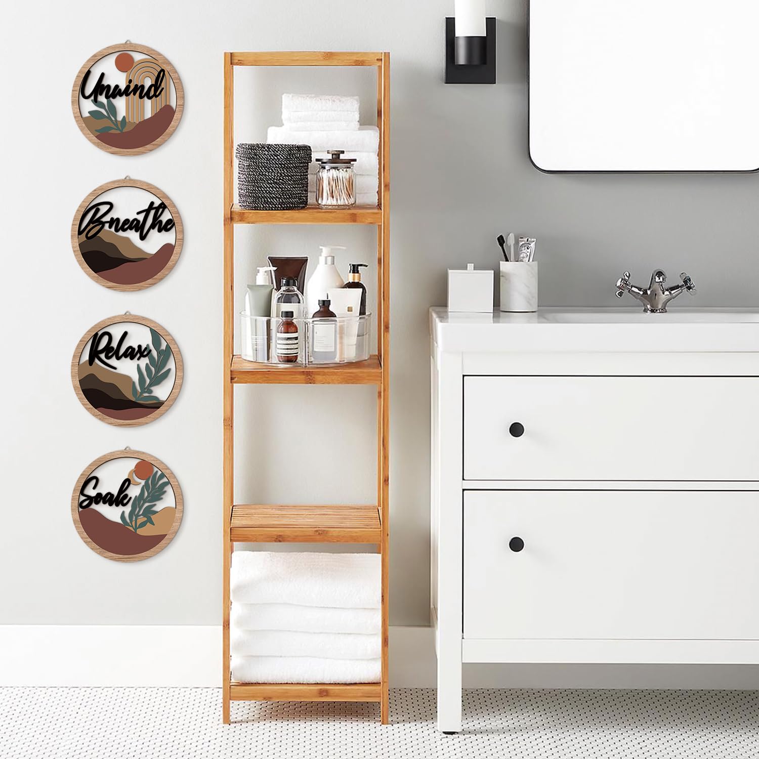 HPNIUB 4 Pcs Boho Bathroom Wall Decor with Relax Soak Unwind Breathe Relaxing Quotes Bohemian Wooden Hanging Wood Sign, Farmhous