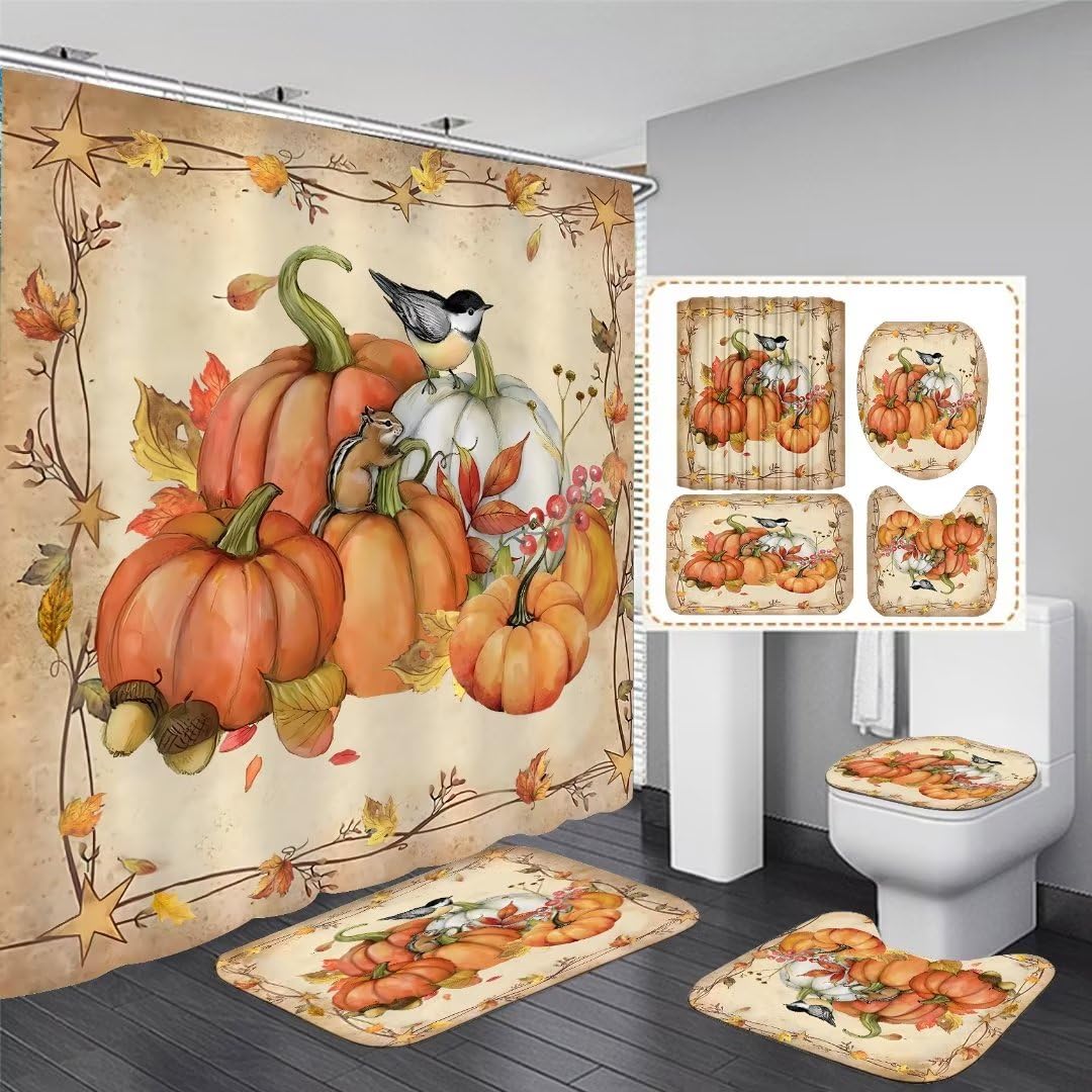 FZDHHY 4Pcs Pumpkin Shower Curtain Set Fall Bathroom Set Thanksgiving Bathroom Decor Set Autumn Shower Curtain Set with Rugs wit