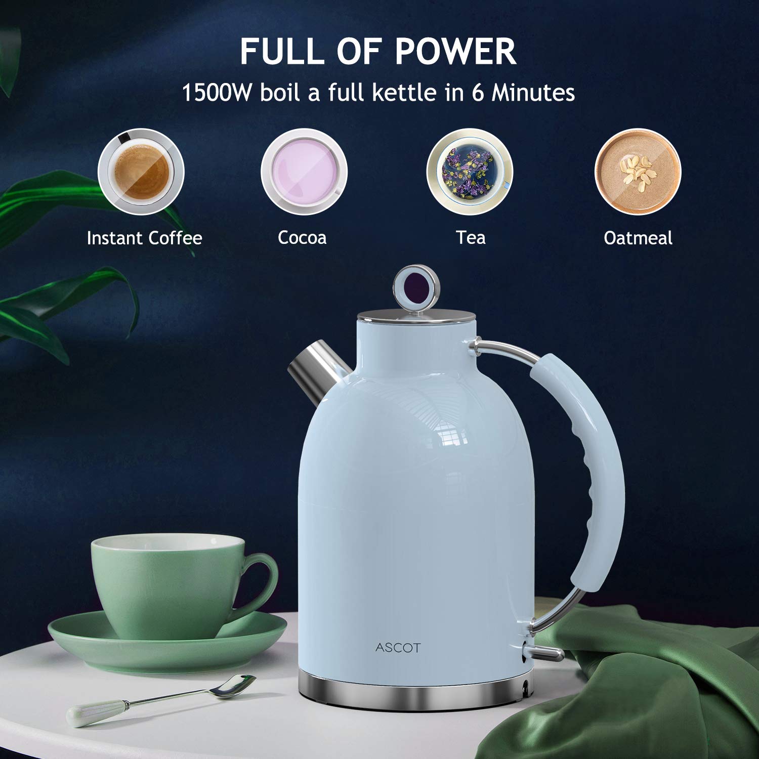 ASCOT Electric Kettle, 1.5L Stainless Steel, Fast Boiling, BPA-Free, Light Blue, Model K1, Cordless, Automatic Shutoff, Boil-Dry Protection