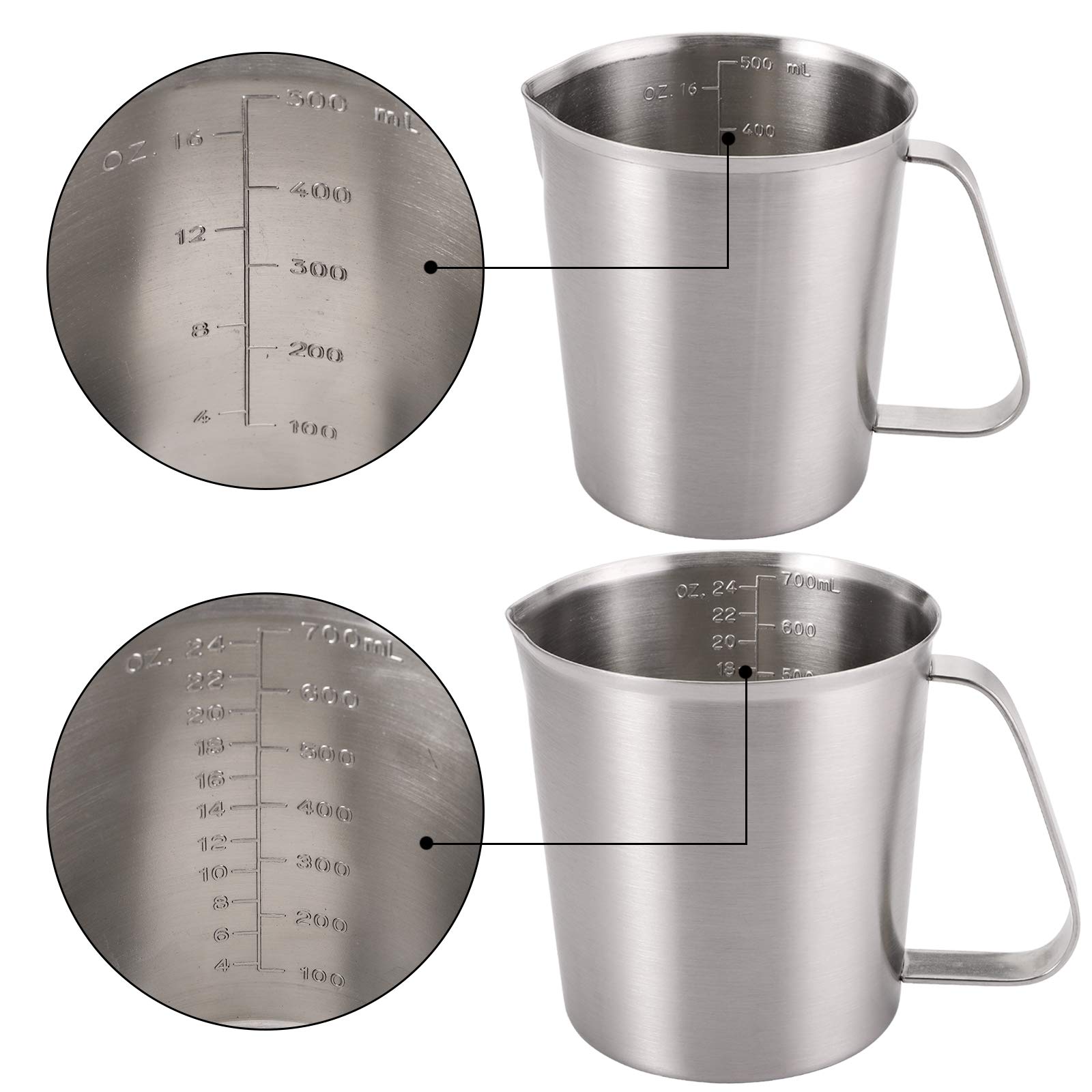 Topzea Set Of 2 Measuring Cup With Handle, 18/8 Stainless Steel Baking Measuring Pitcher 16 Oz & 24 Oz Coffee Milk Frothing Cup