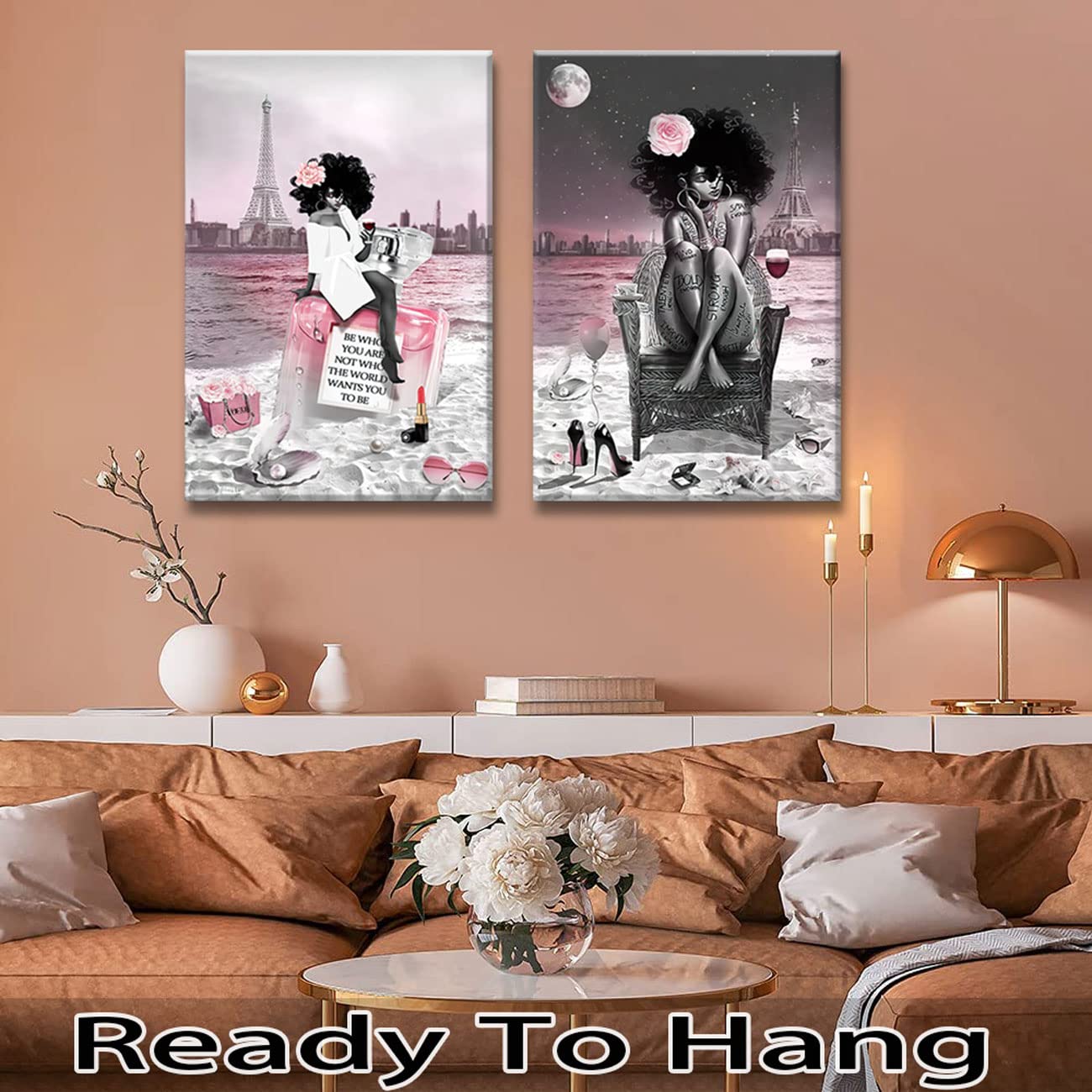 2 Pieces Framed African American Black Girl Canvas Wall Art Decor Fashion Modern Women Pictures Prints Painting Pink And Black B