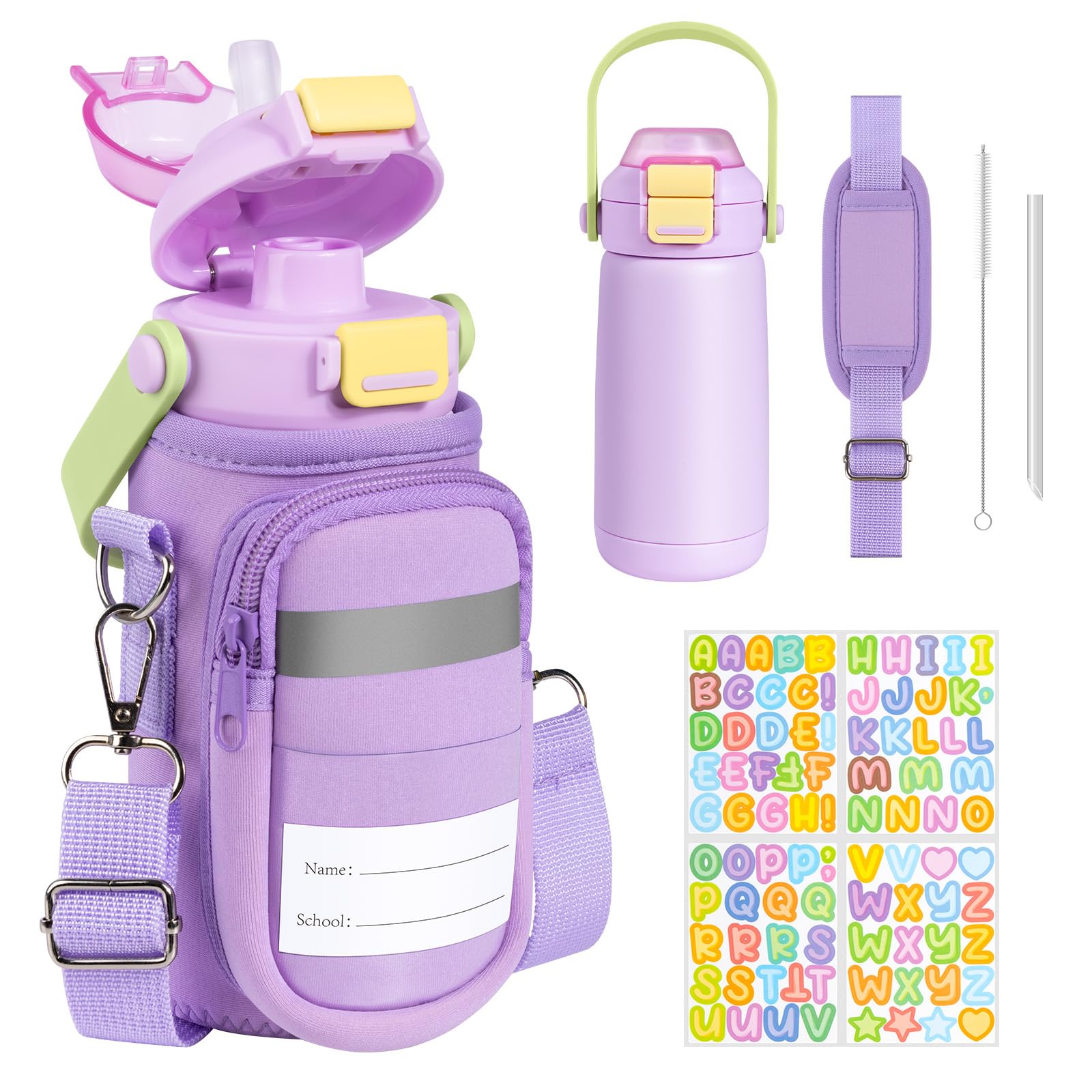 REDSHELL Kid Water Bottle with Carrier Bag, Leakproof Steel Tumbler, Purple