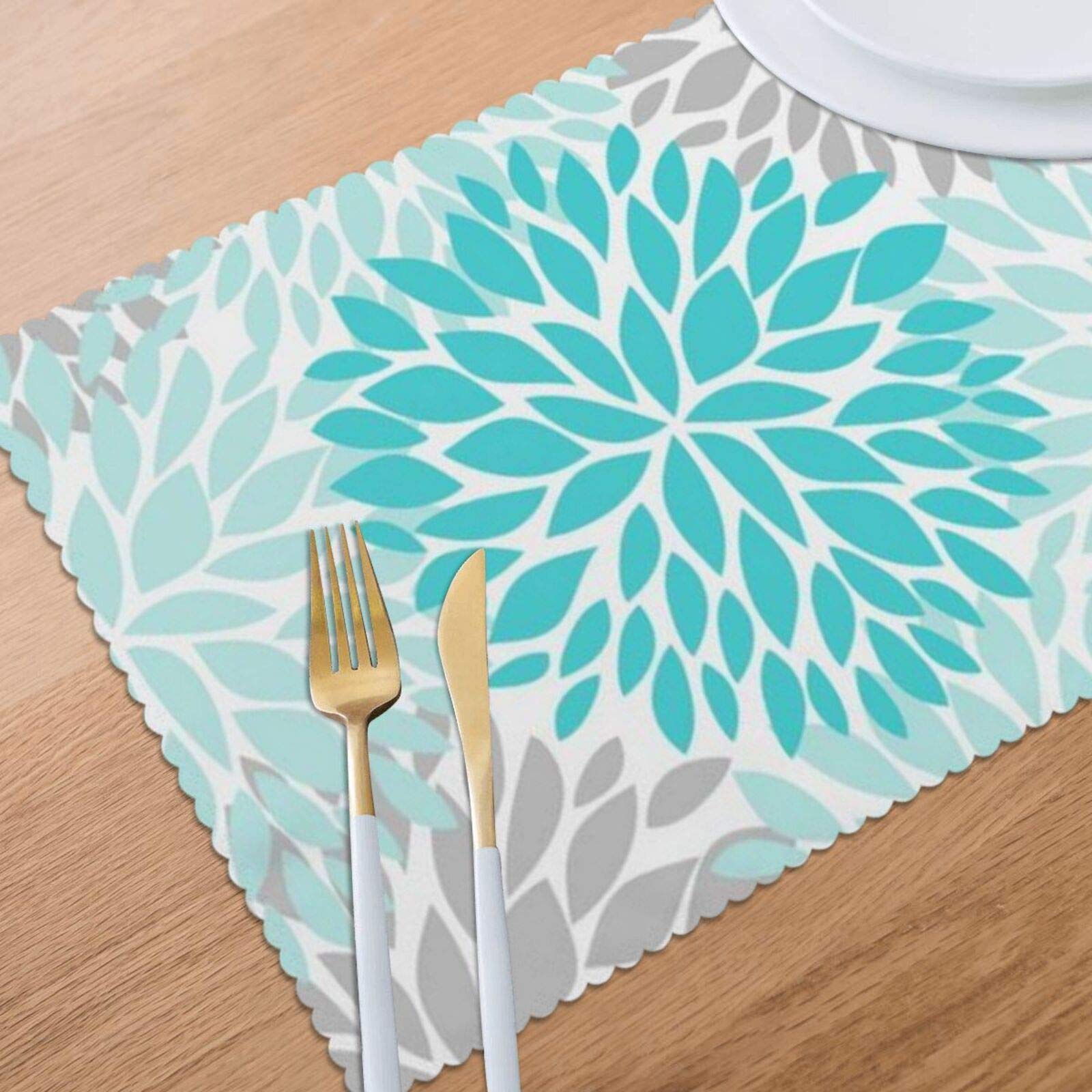 Turquoise Blue And Gray Placemats Set Of 6, Washable Table Place Mats For Kitchen Dining Home 12 X 18 Inch