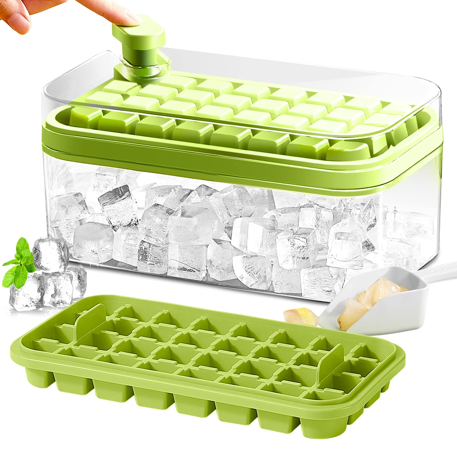 Ice Cube Tray With Lid And Bin, 2 Pack For Freezer, 64 Pcs Ice Cube Mold (Green)