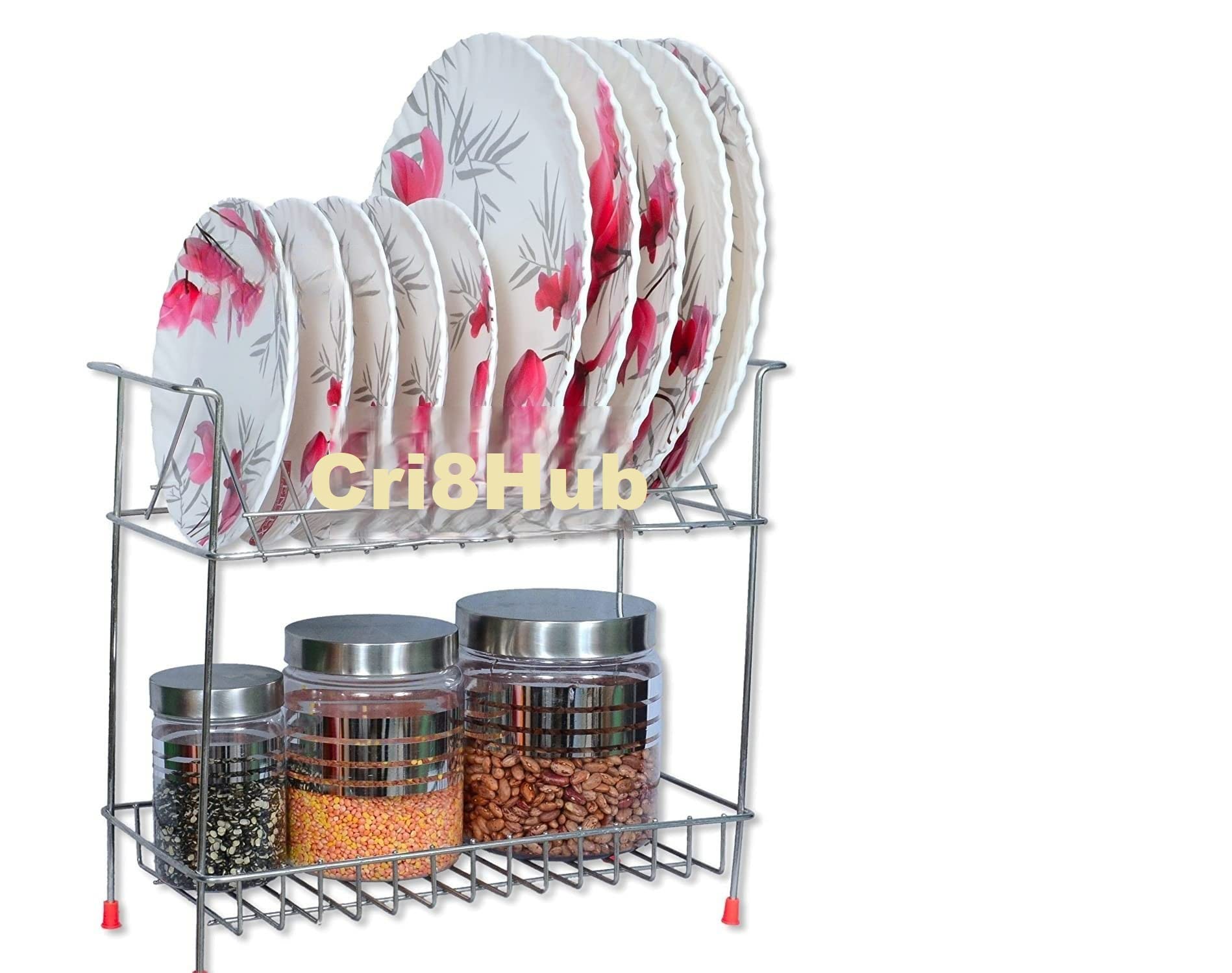 Cri8Hub Steels Stainless Steel Dish Rack With Cutlery And 10 Plate Kitchen Stand | 2 Shelf Wall Mount Kitchen Racks | Modular Ki