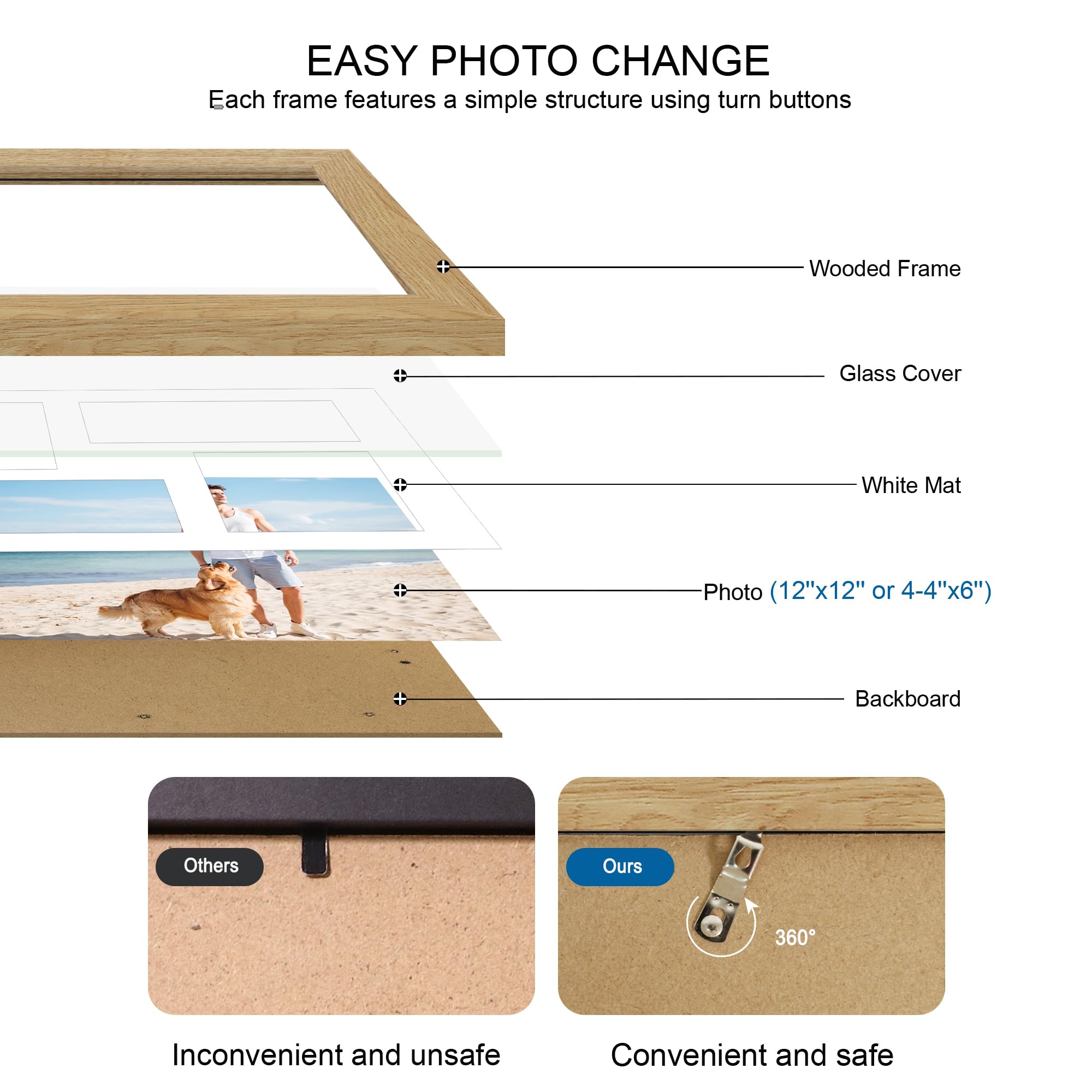 Hongkee 12x12 Picture Frame Set of 2, Natural Oak Wood Frame with Glass Collage Frame, Display Pictures 4-4x6 With Mat or 12 x 1