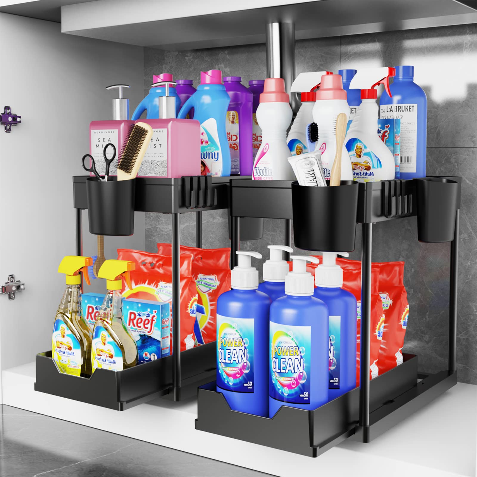 2 Pack Under Sink Organizers And Storage Bathroom, 2 Tier Under Sliding Kicthen Cabinet Basket Organizer With Hooks, Hanging Cup