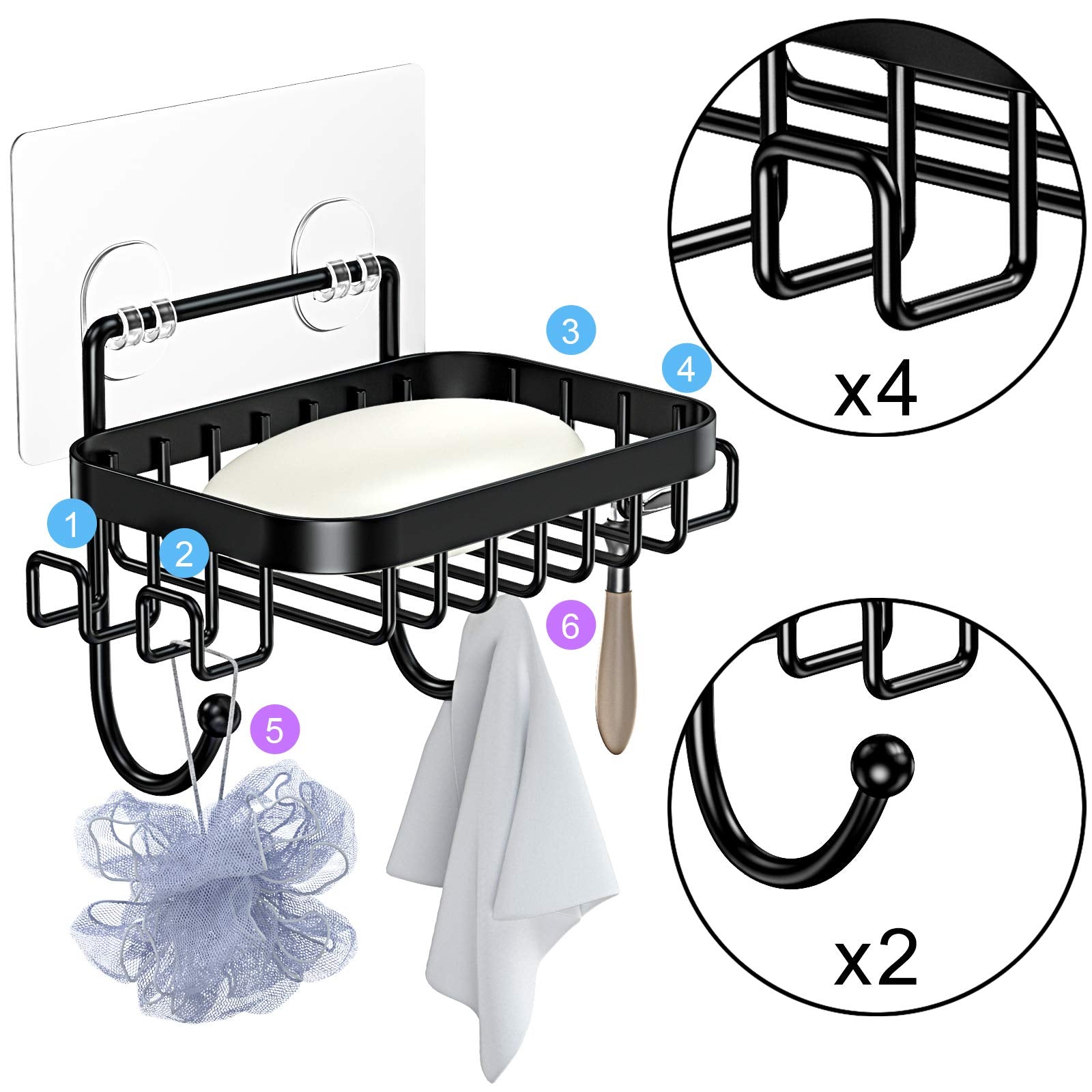 ODesign Soap Dish Holder with 6 Hooks Loofah Bath Sponge Towel Razor Holder for Bathroom Shower Kitchen Adhesive Wall Mounted No Drilling Stainless Steel - Black