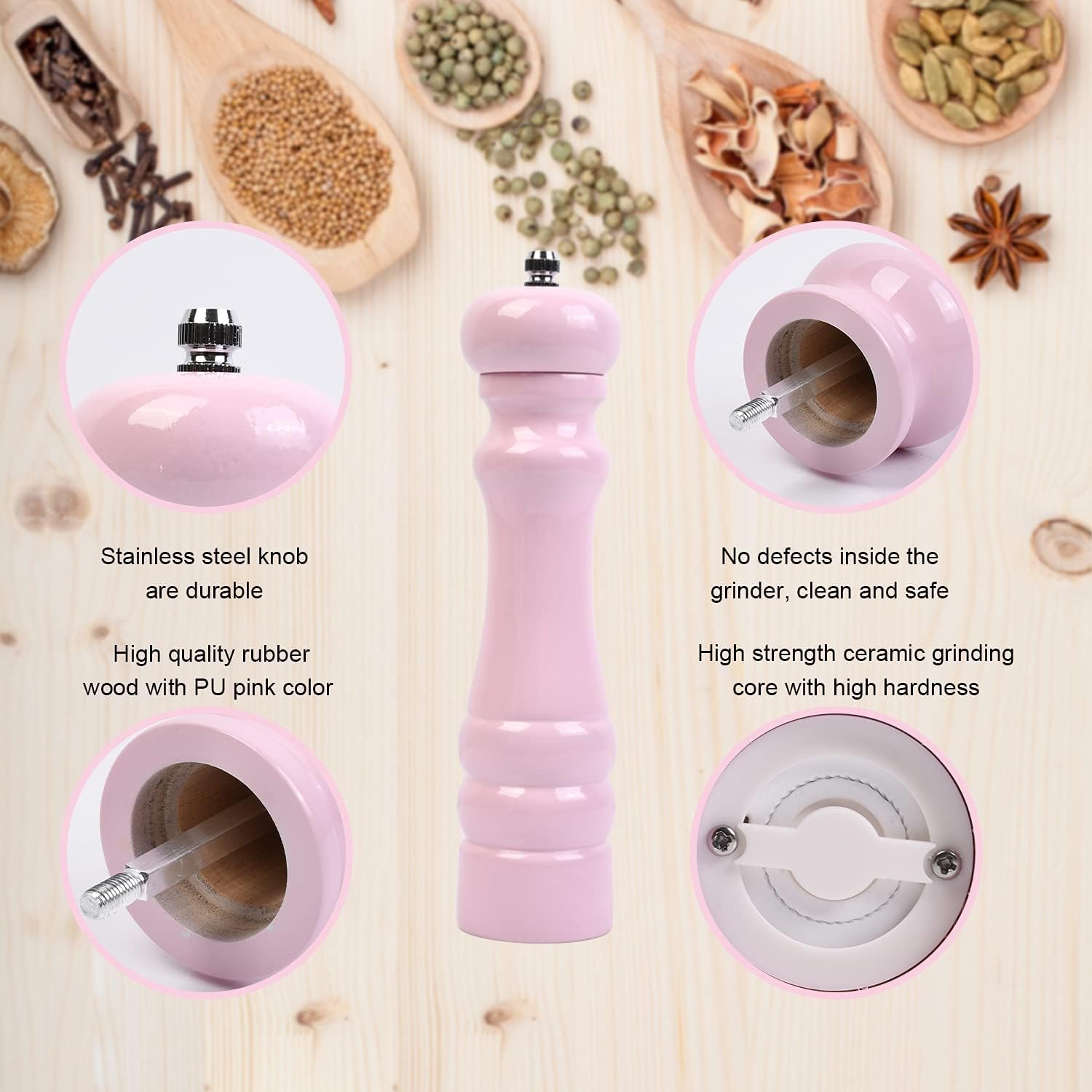 8-Inch Wooden Pepper And Salt Grinder - Oak Wood Manual Mill With Ceramic Core, Adjustable Coarseness, Refillable Design For Sea