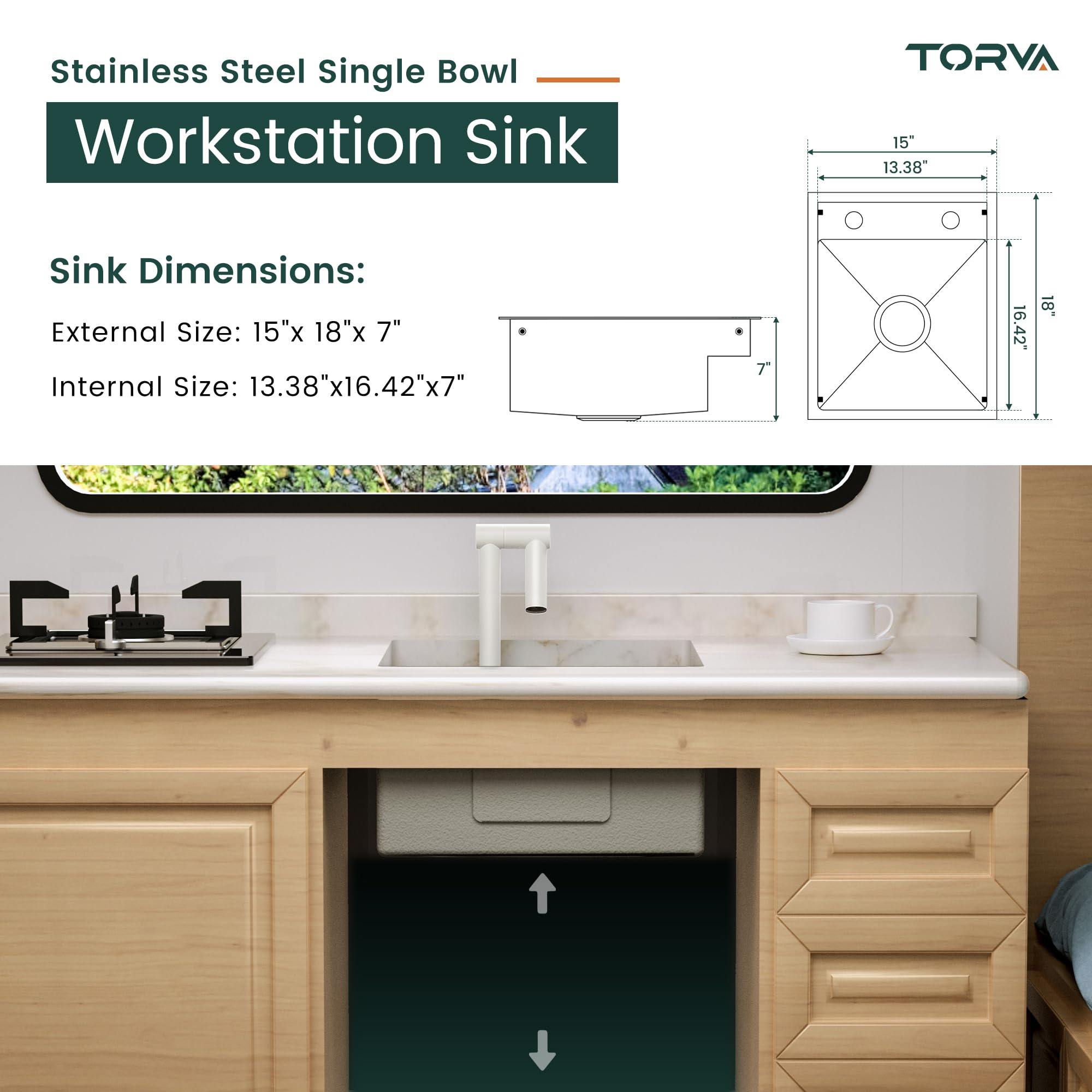 Torva Rv Kitchen Sink, 15 X 18 X 7 Inch Undermount Bar Sink 16 Gauge Stainless Steel Single Bowl Sink With Foldable Faucet Cutti