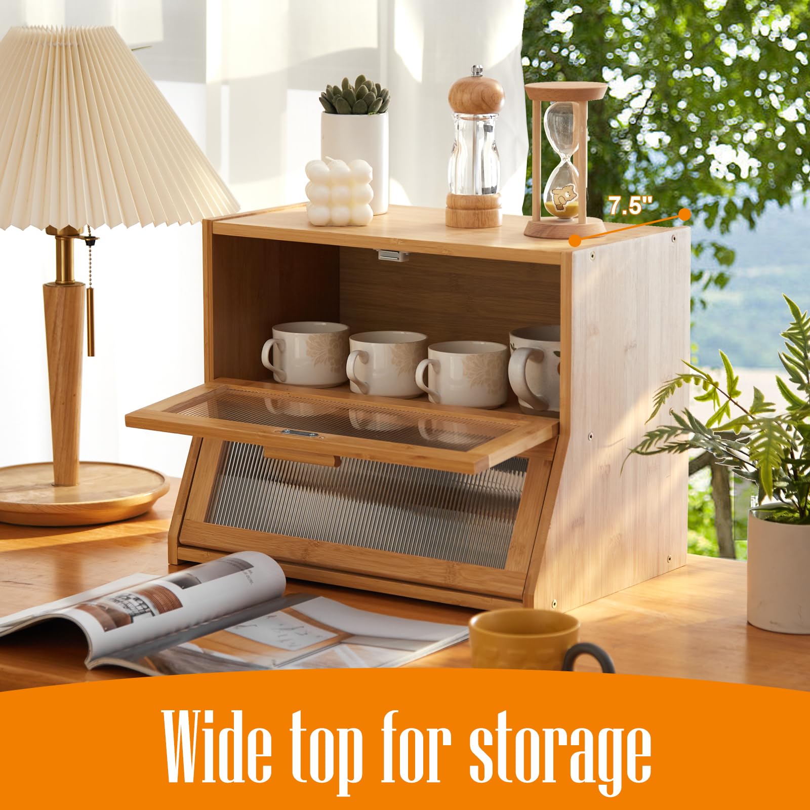 GHWIE Bamboo Bread Box, Large Capacity Storage Bin with Acrylic Wavy Door, Medium Size, Natural Color, Model 520-CH-DTXMBX-YS