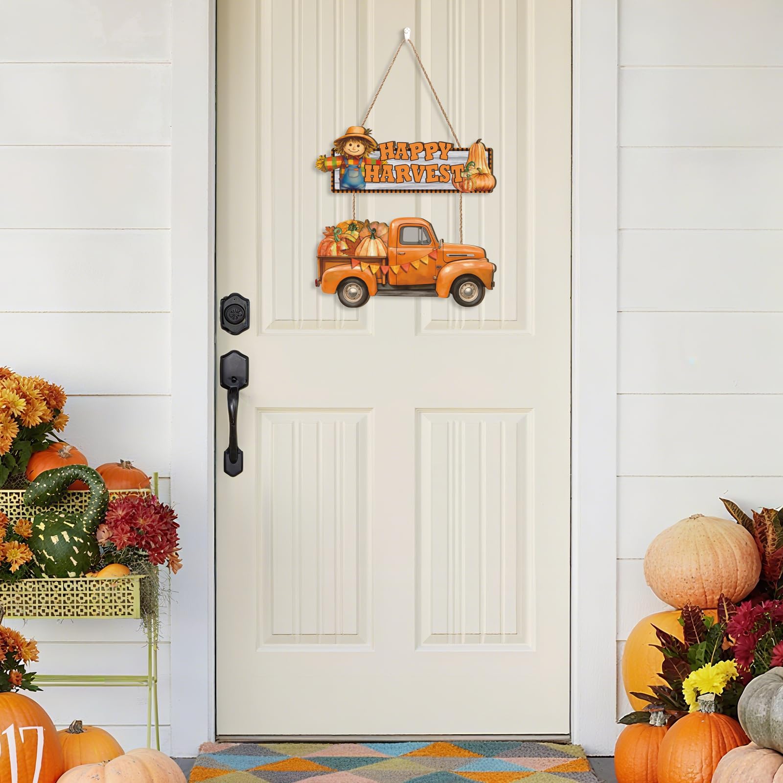 Ausril Happy Harvest Door Sign,Happy Thanksgiving Wooden Sign,Fall Truck Decor,Autumn Harvest Wall Plaque,Scarecrow Wall Hanging