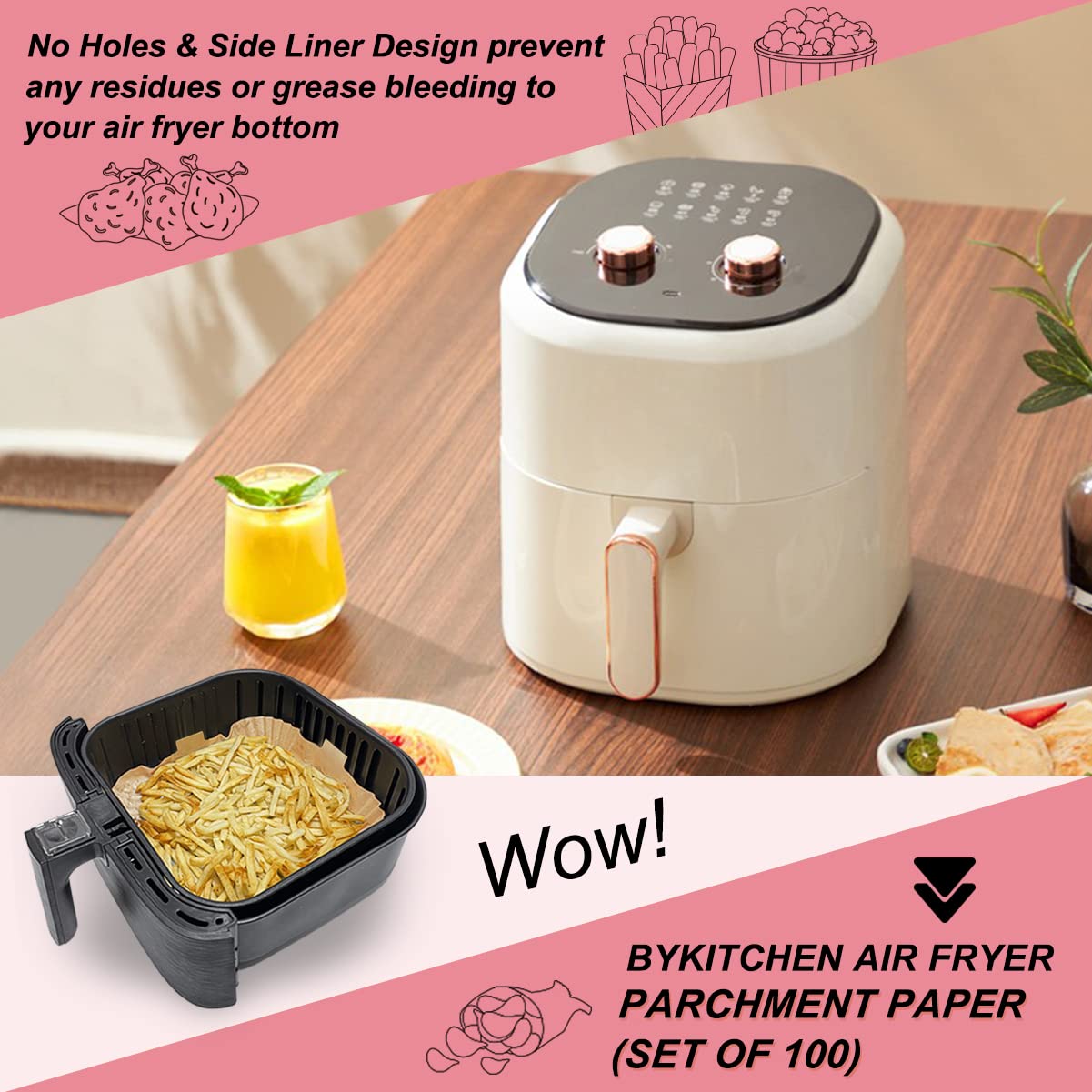 Bykitchen Air Fryer Parchment Paper, Set Of 100, 9 Inch Square Air Fryer Liners, Airfryer Accessories, Compatible With Corsori,