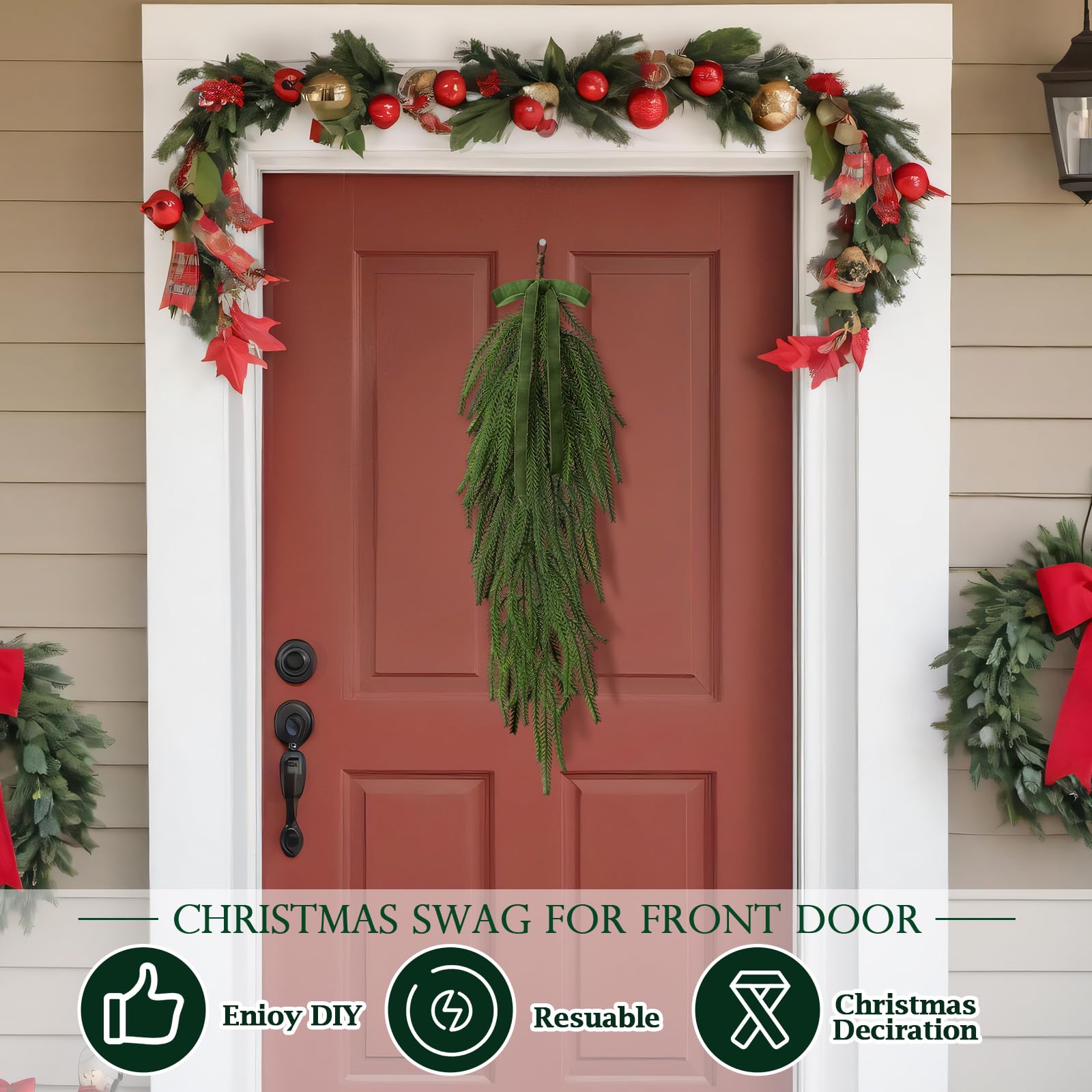 Shihanee 4 Pack 24 Inch Christmas Teardrop Swags with Rustic Velvet Ribbon Bow Artificial Realistic Norfolk Pine Greenery Swag f