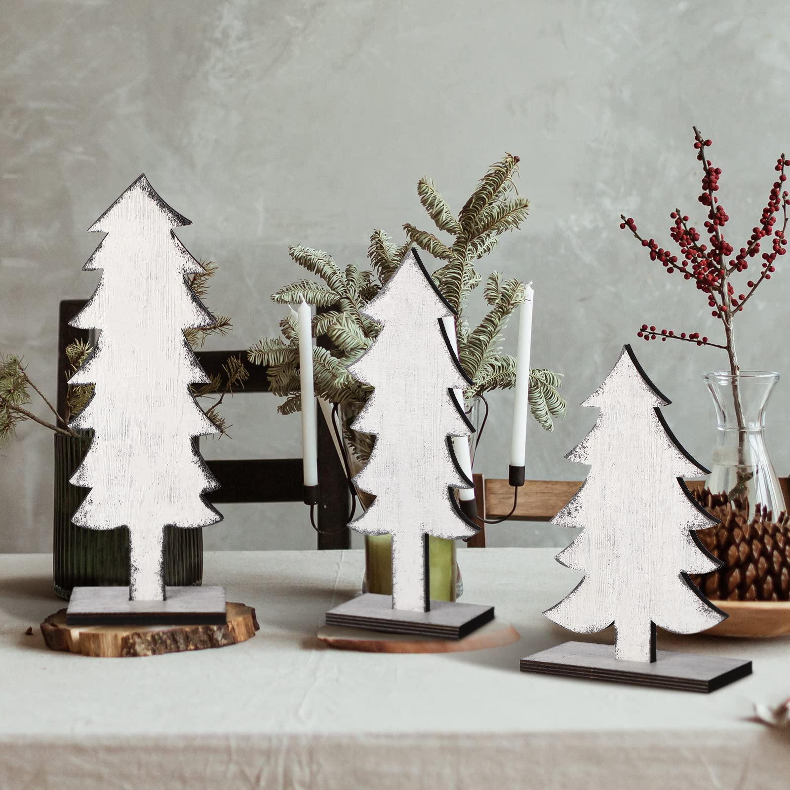 Meooeck 3 Pcs White Wood Christmas Trees Tabletop Rustic Christmas Decor Farmhouse Centerpieces Decorations for Tables with Rect