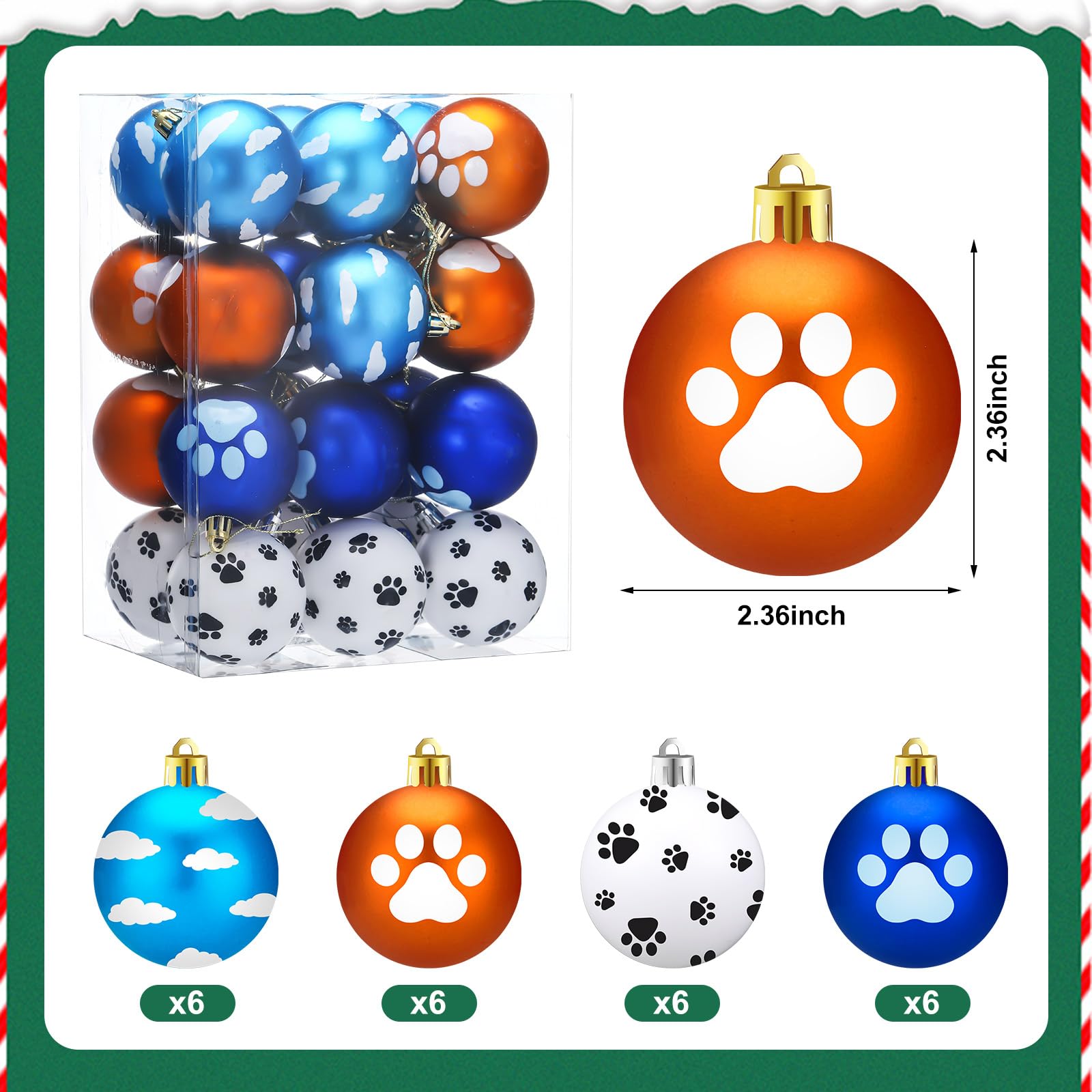 Hollowfly 24 Pcs Blue and Orange Christmas Dog Tree Ornaments 2.36 Inch Sky Cartoon Paw Clouds Christmas Ball Ornaments Set Plas