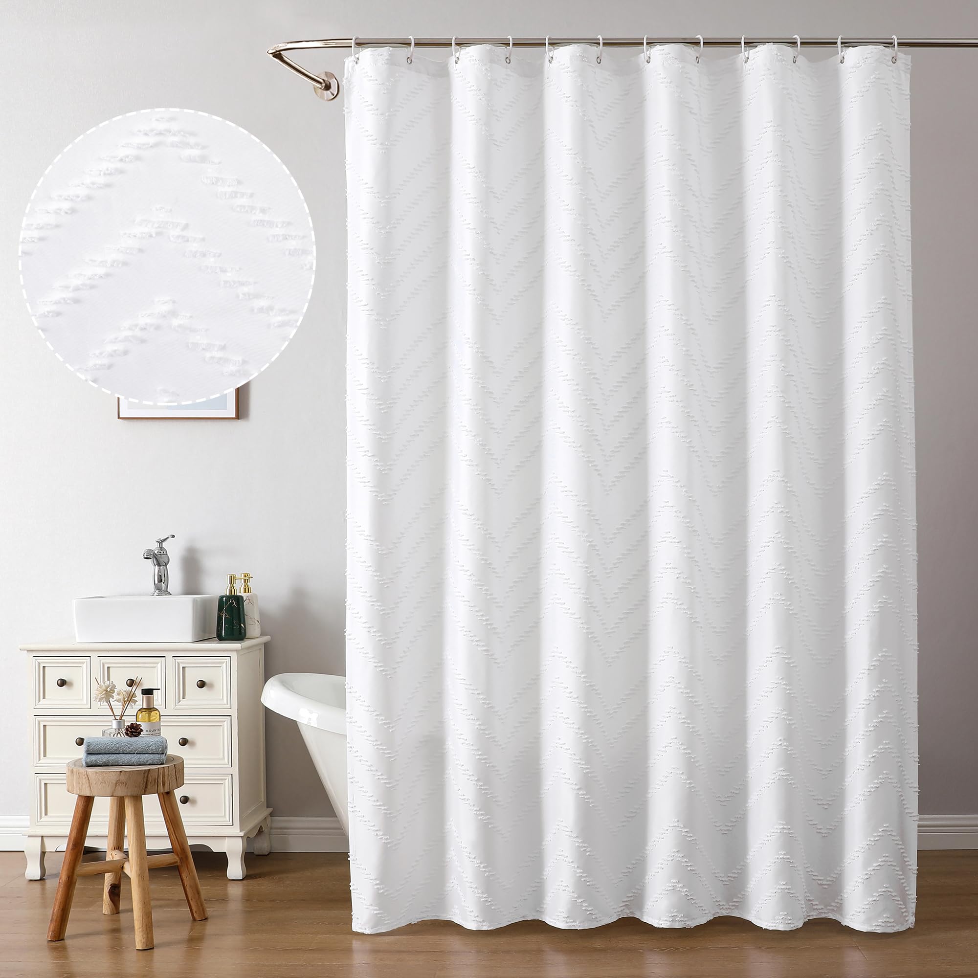 Chyhomenyc Chevron Extra Long White Boho Shower Curtain Set 72X96 Inches, Modern Fabric Shower Curtain Farmhouse Chic Textured T