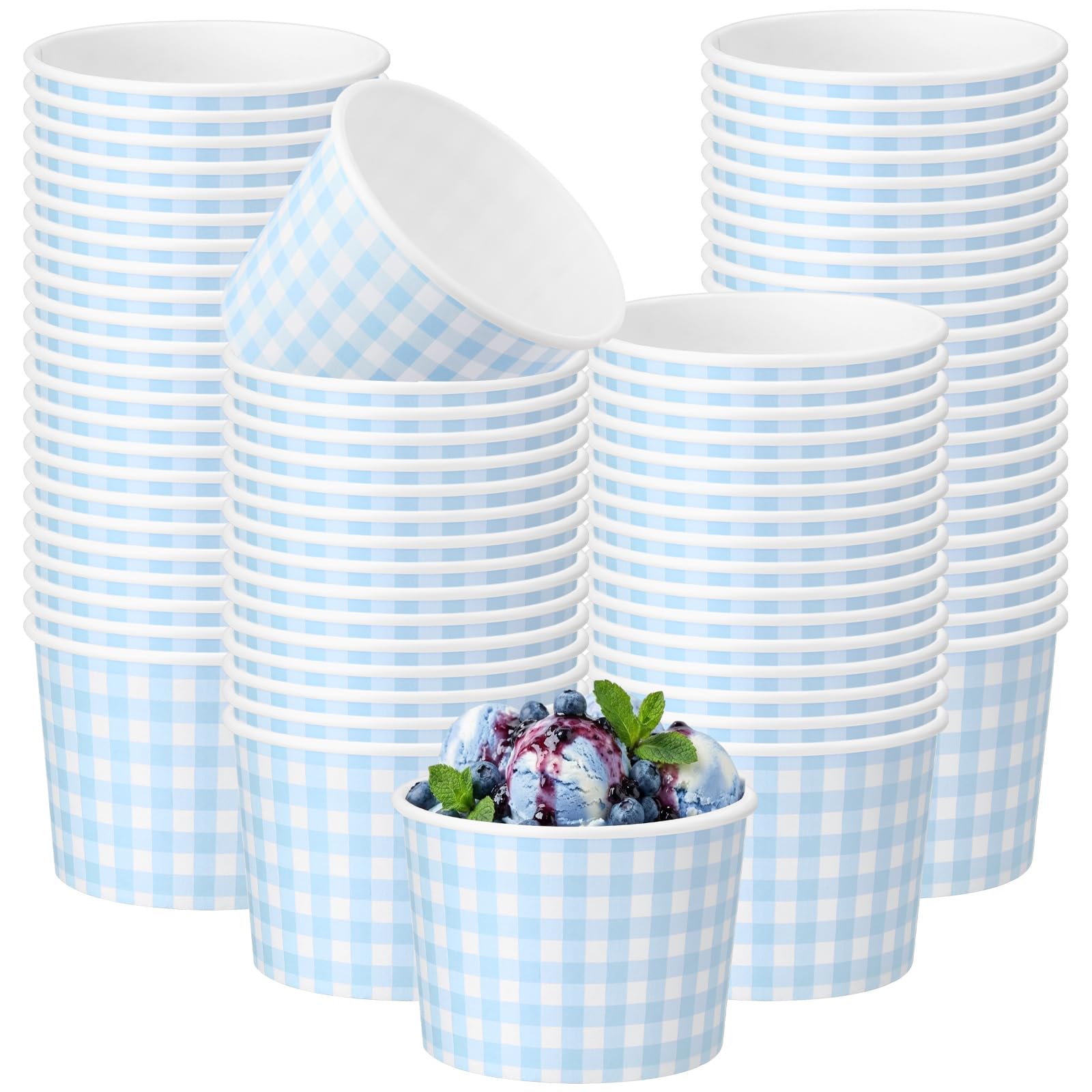 Nuanchu 100 Pack Blue Gingham Ice Cream Cups 9 oz Checkered Dessert Bowls