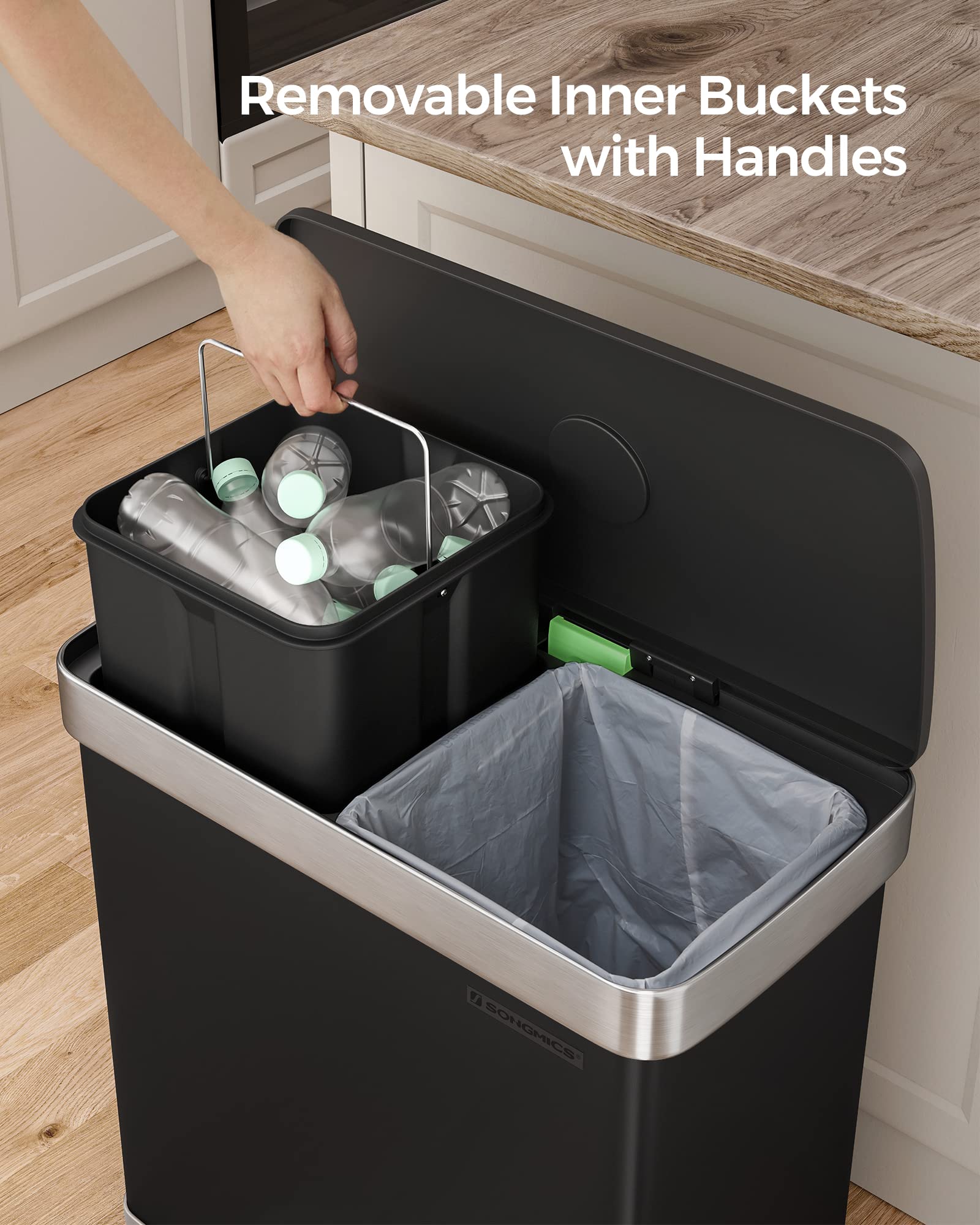 SONGMICS Kitchen Trash Can  16 Gallon (2 x 8 Gallon) Dual Compartment Garbage Can  60L Pedal Recycling Bin  Stay-Open Lid and Soft Closure  Stainless Steel  15 Trash Bags Included  Black ULTB202B01
